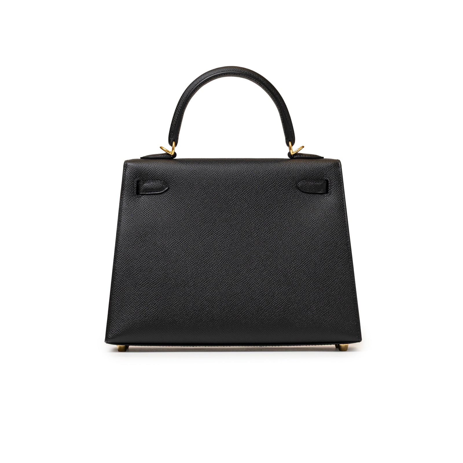 Back View Hermès Kelly 25 Sellier Black Epsom Gold hardware handbag displayed from the back with a curved handle and structured silhouette