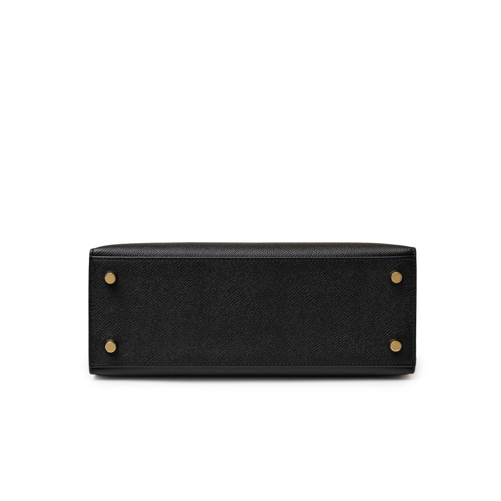 Hermès Kelly 25 Sellier Black Epsom Gold hardware showing the structured base with gold feet and textured leather finish
