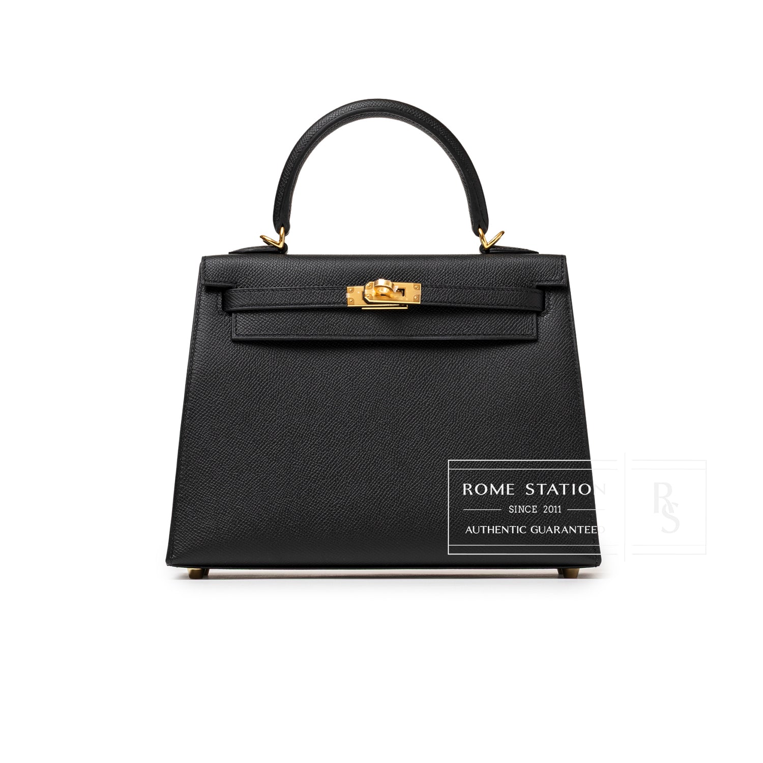 Front view of Hermès Kelly 25 Sellier Black Epsom Gold Hardware showing structured silhouette and clasp detail