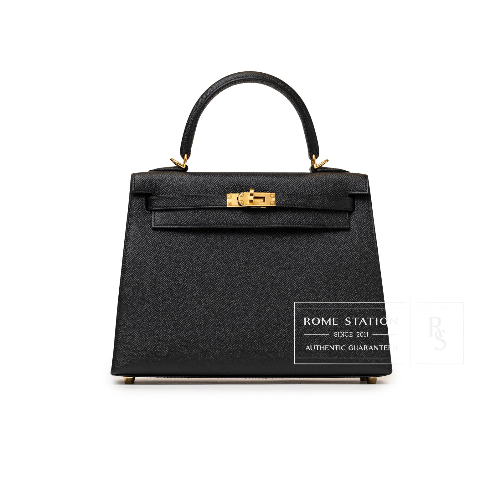 Hermès Kelly 25 Sellier Black Epsom Gold hardware elegant structured handbag with top handle and gold clasp closure