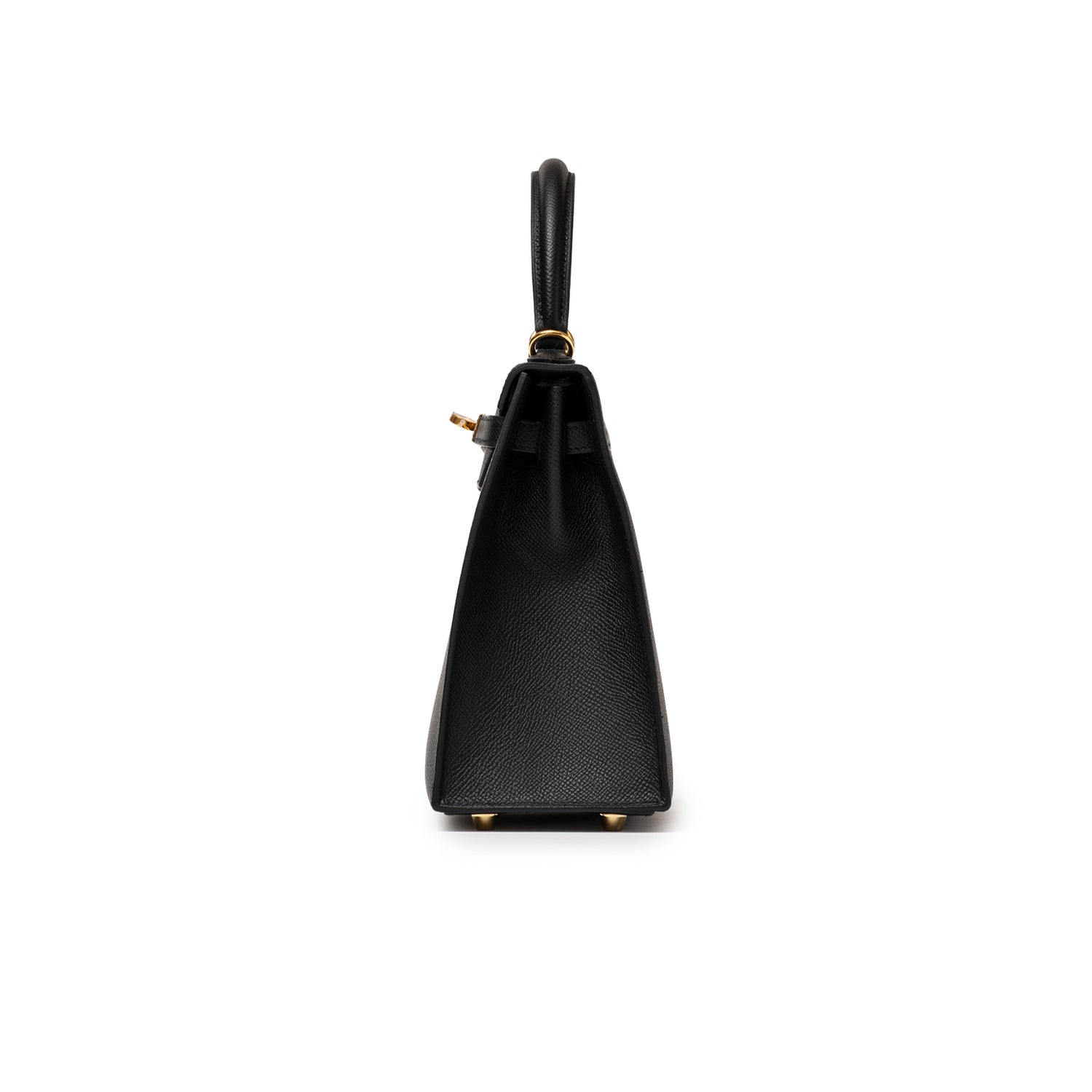 Side profile of Hermès Kelly 25 Sellier Black Epsom Gold Hardware showing structured silhouette and leather grain details