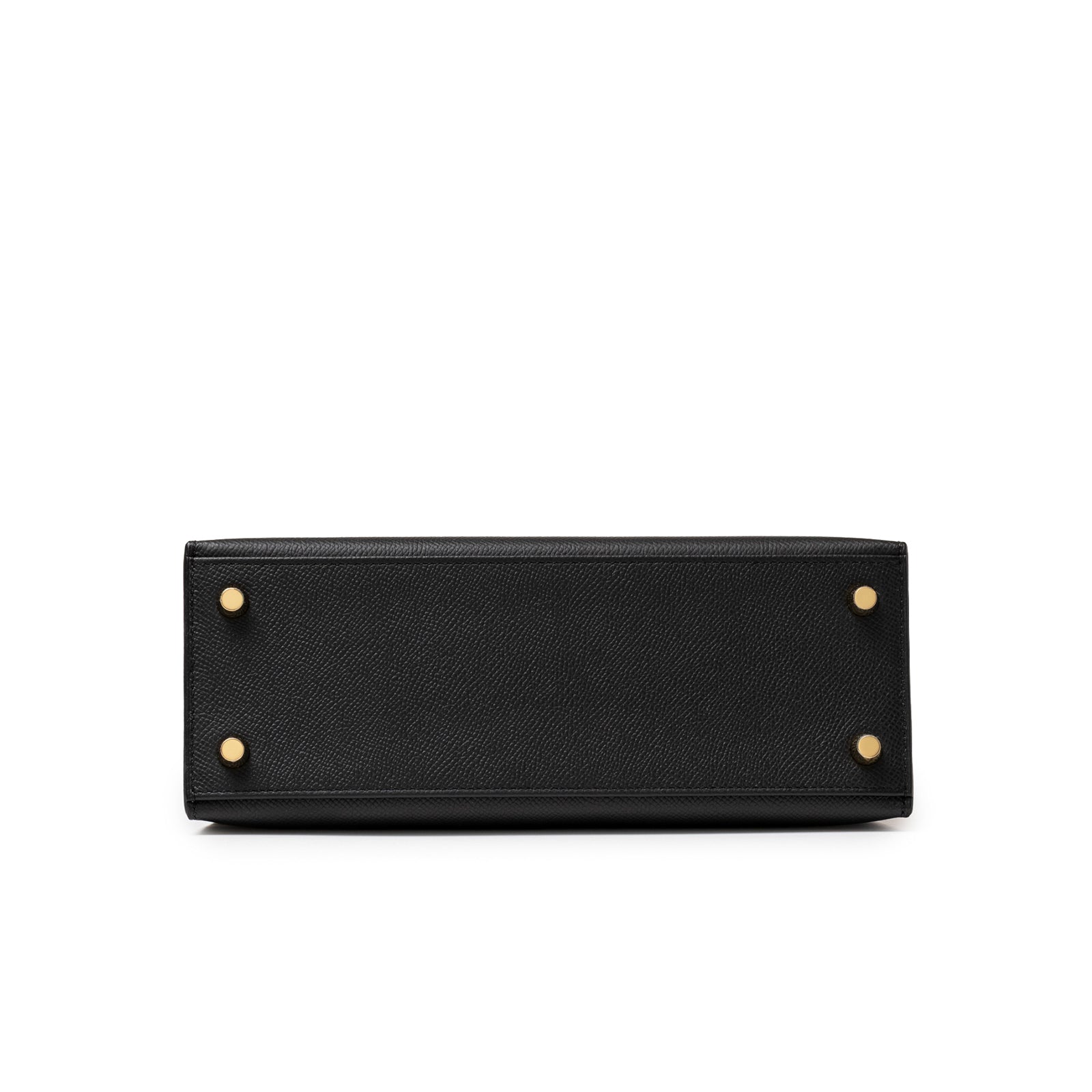 Bottom view showcasing gold feet and textured leather of Hermès Kelly 25 Sellier Black Epsom Gold Hardware handbag