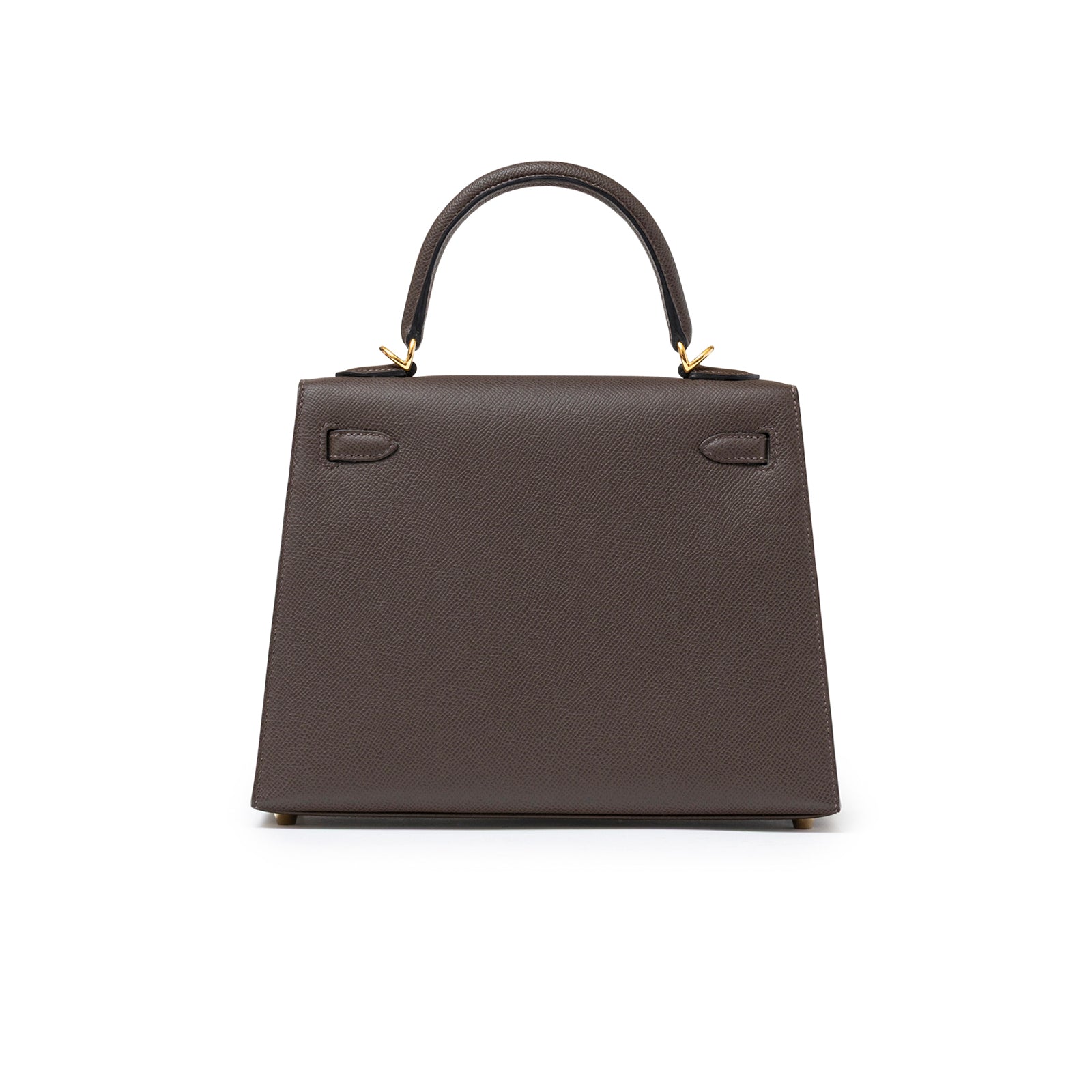 Back view of Hermès Kelly 25 Sellier Ecore Epsom Gold Hardware handbag in dark brown leather