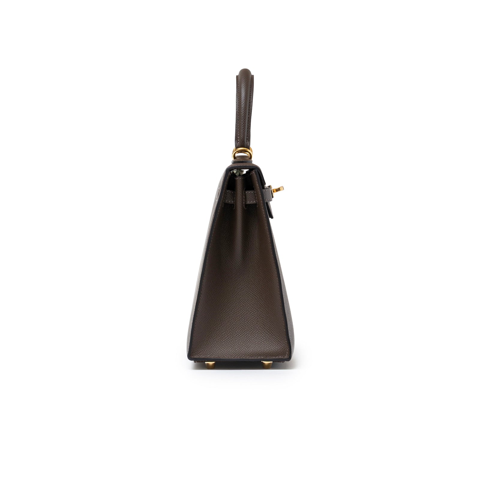 Side view of Hermès Kelly 25 Sellier Ecore Epsom Gold Hardware in dark brown leather with gold accents