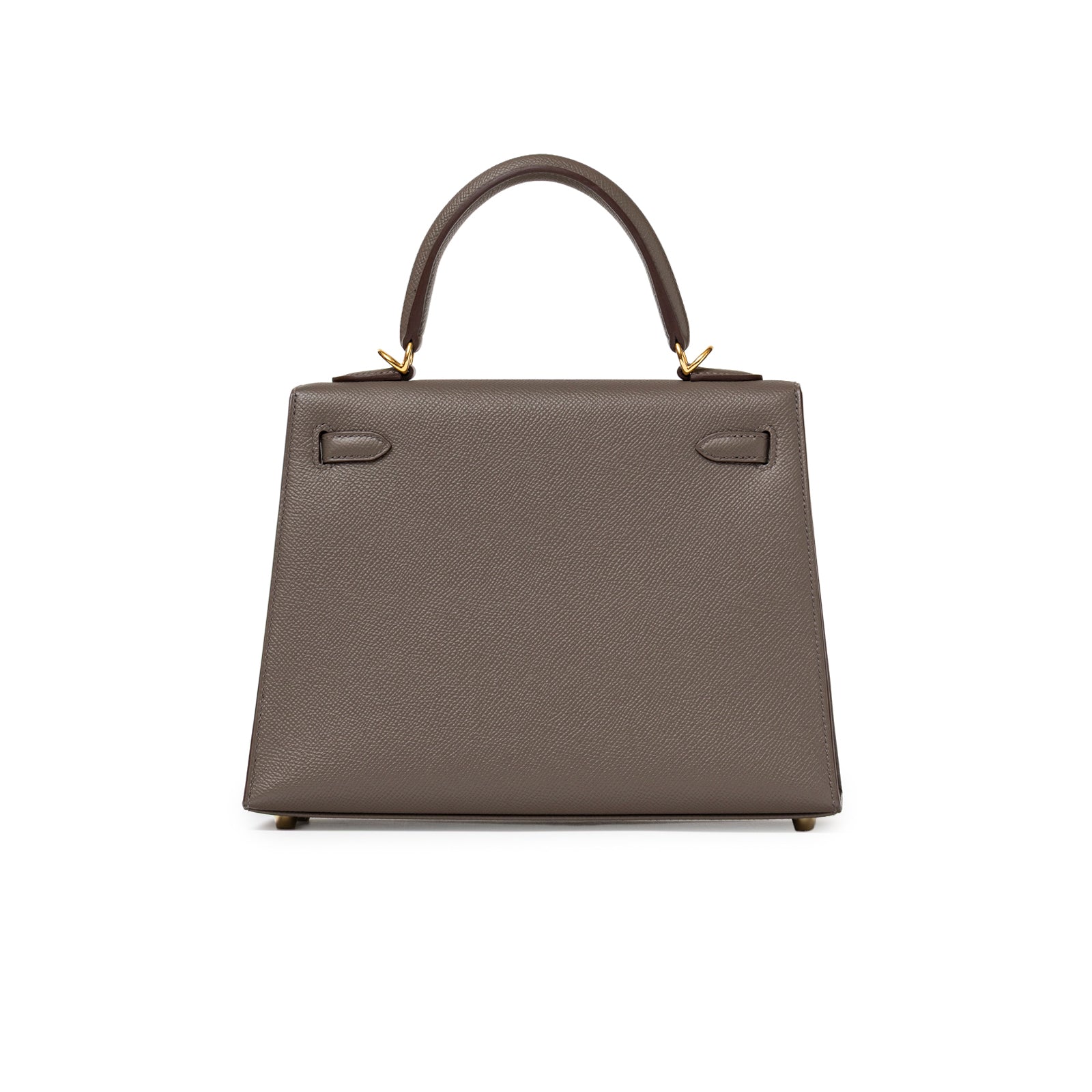 Back view of Hermès Kelly 25 Sellier Etain Epsom Gold Hardware with smooth leather and gold accents