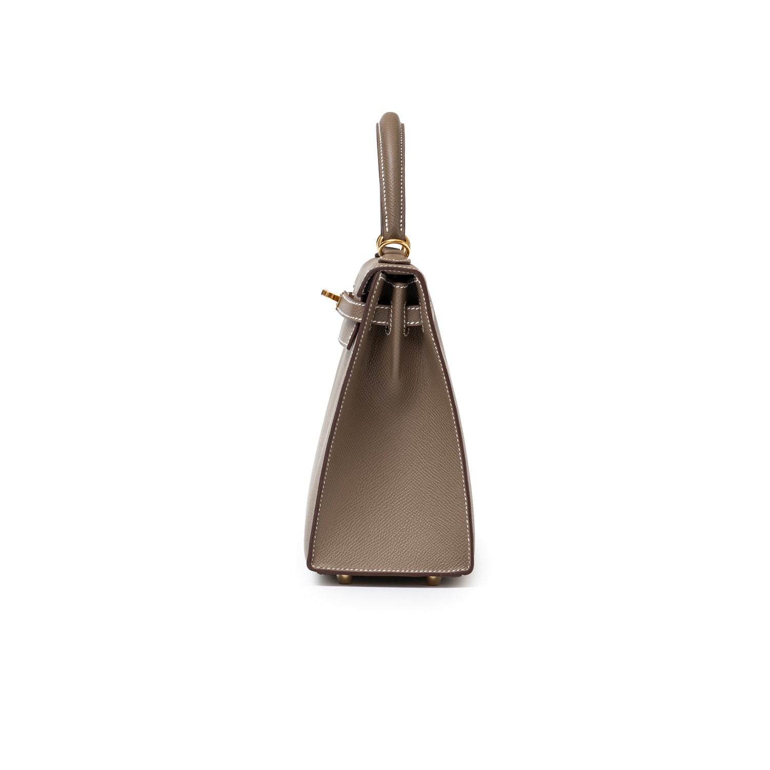 Side view of Hermès Kelly 25 Sellier Etoupe Epsom Gold Hardware showing structured silhouette and stitching details