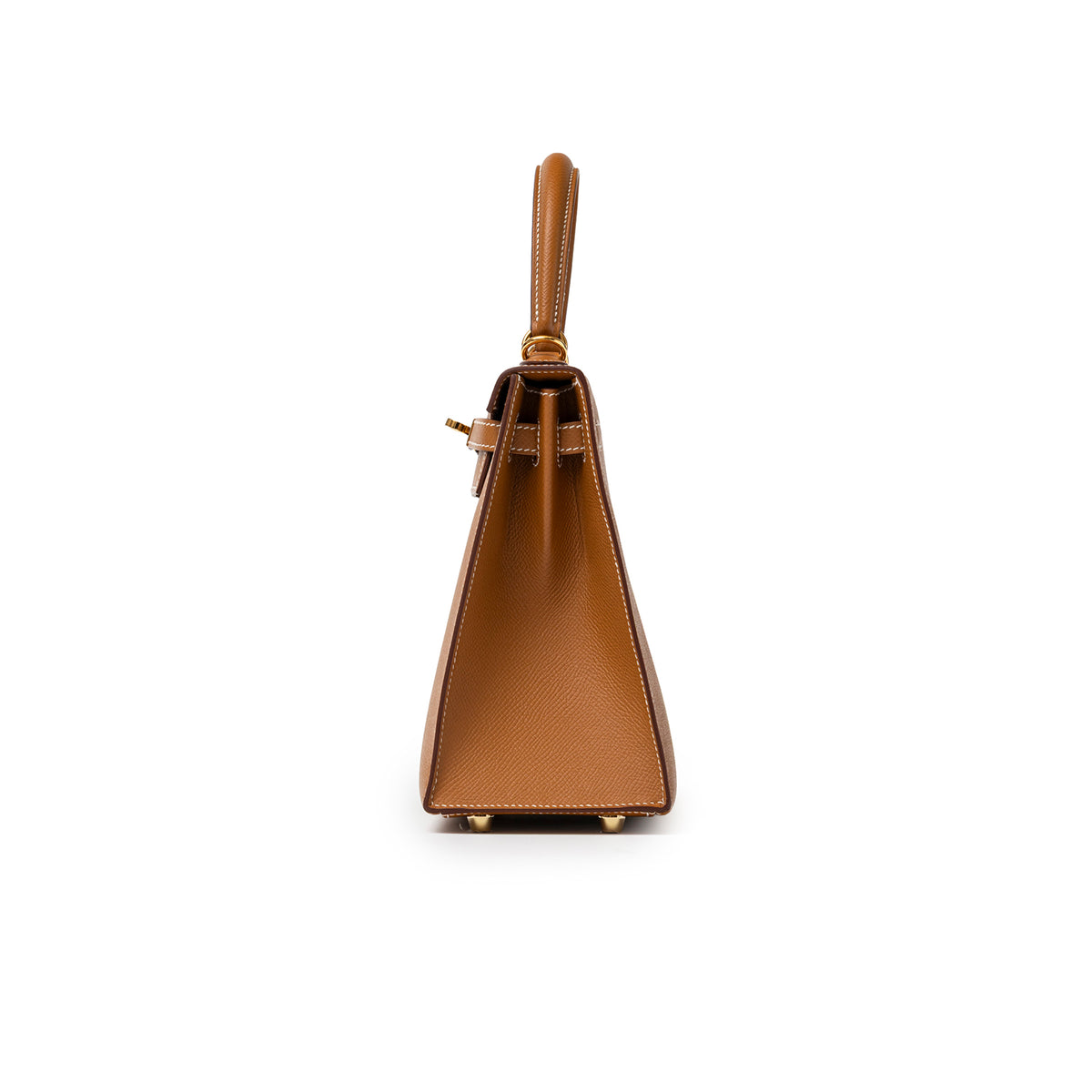Hermès Kelly 25 Sellier Gold Epsom Gold Hardware side profile with top handle and gold feet