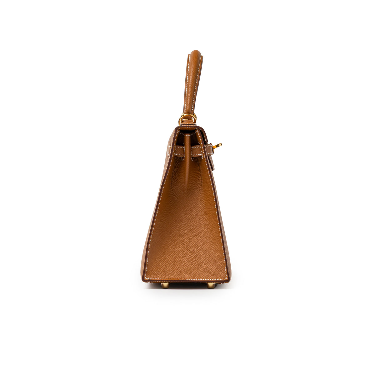 Hermès Kelly 25 Sellier Gold Epsom Gold Hardware side view highlighting gusset and handle