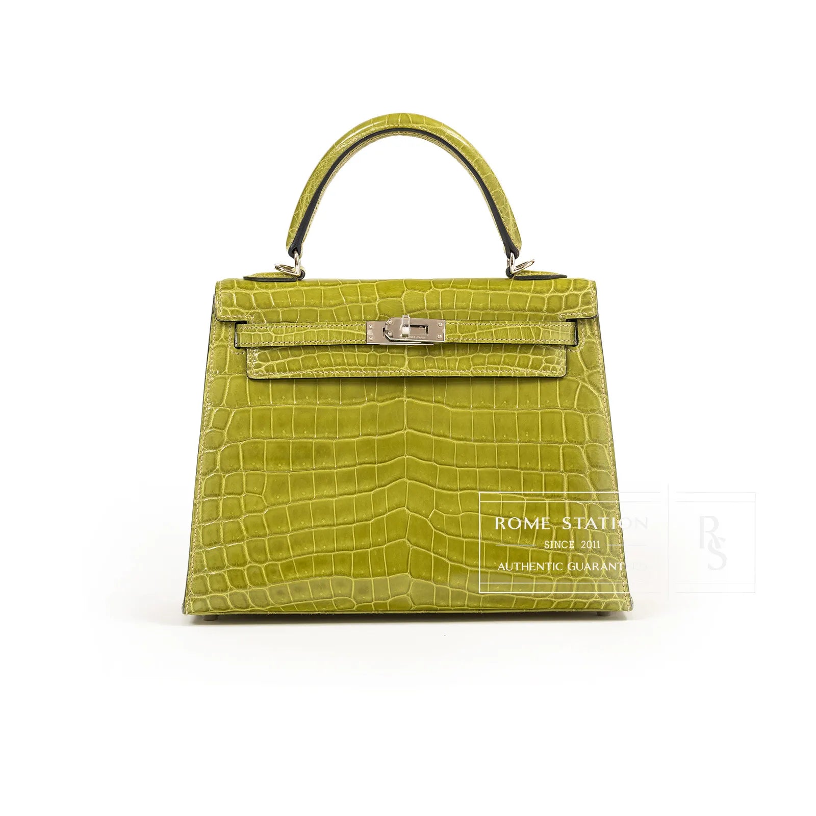 Hermès Kelly 25 Sellier Vert Anis Shiny Niloticus Crocodile Palladium Hardware