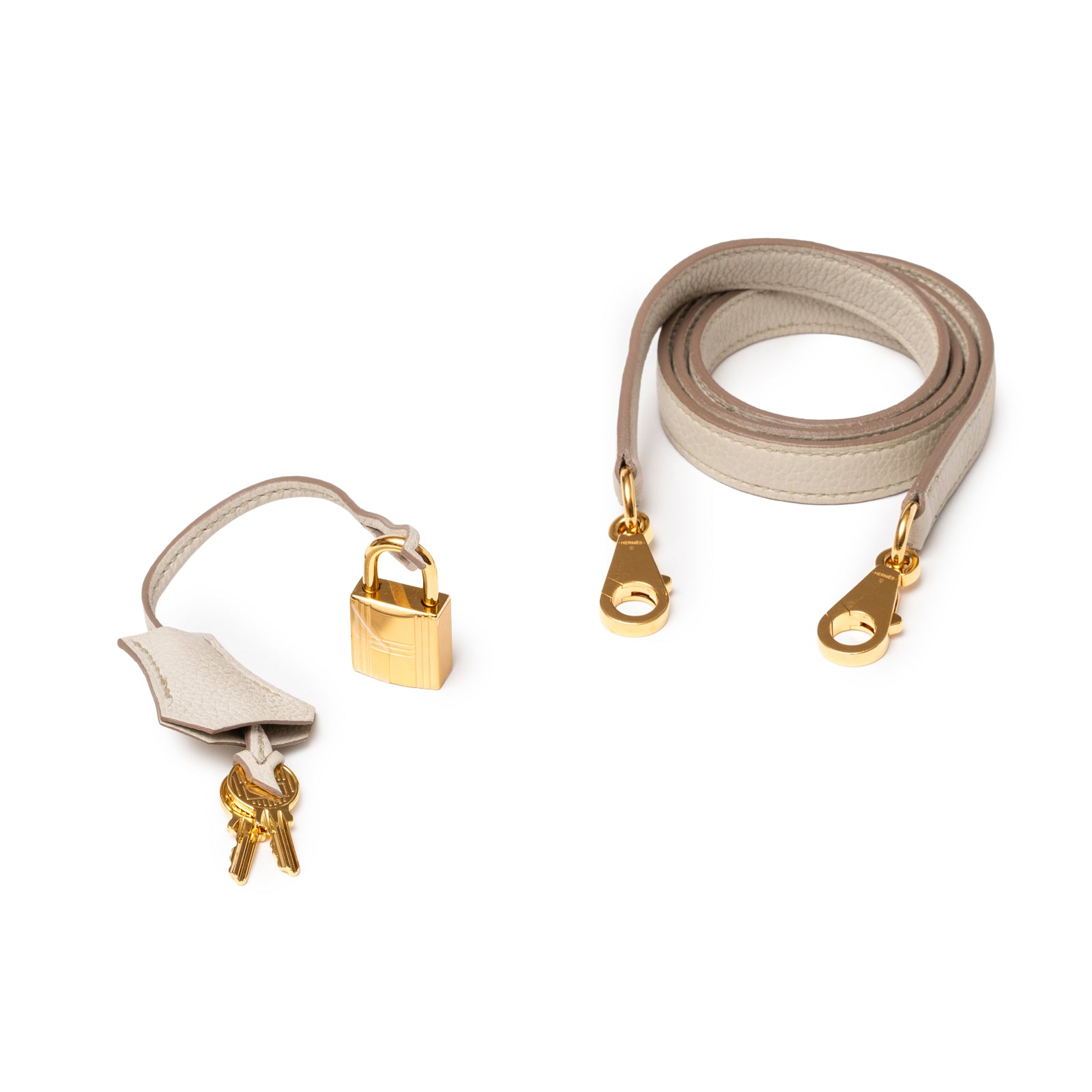 Shoulder strap and gold lock with keys for Hermès Kelly 28 Retourne Beton Togo Gold Hardware