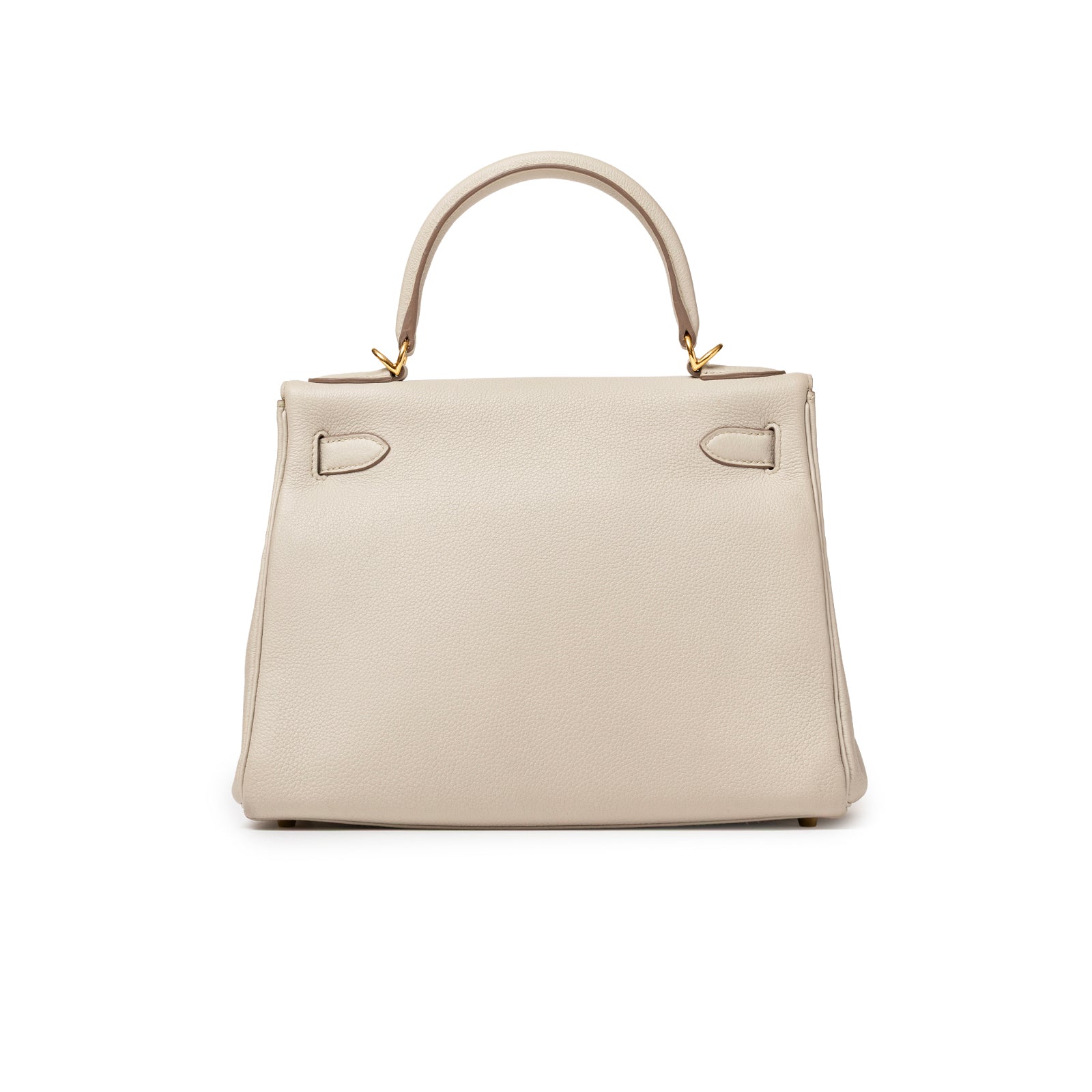 Back view of Hermès Kelly 28 Retourne Beton Togo Gold Hardware showing smooth light gray leather and handle detail