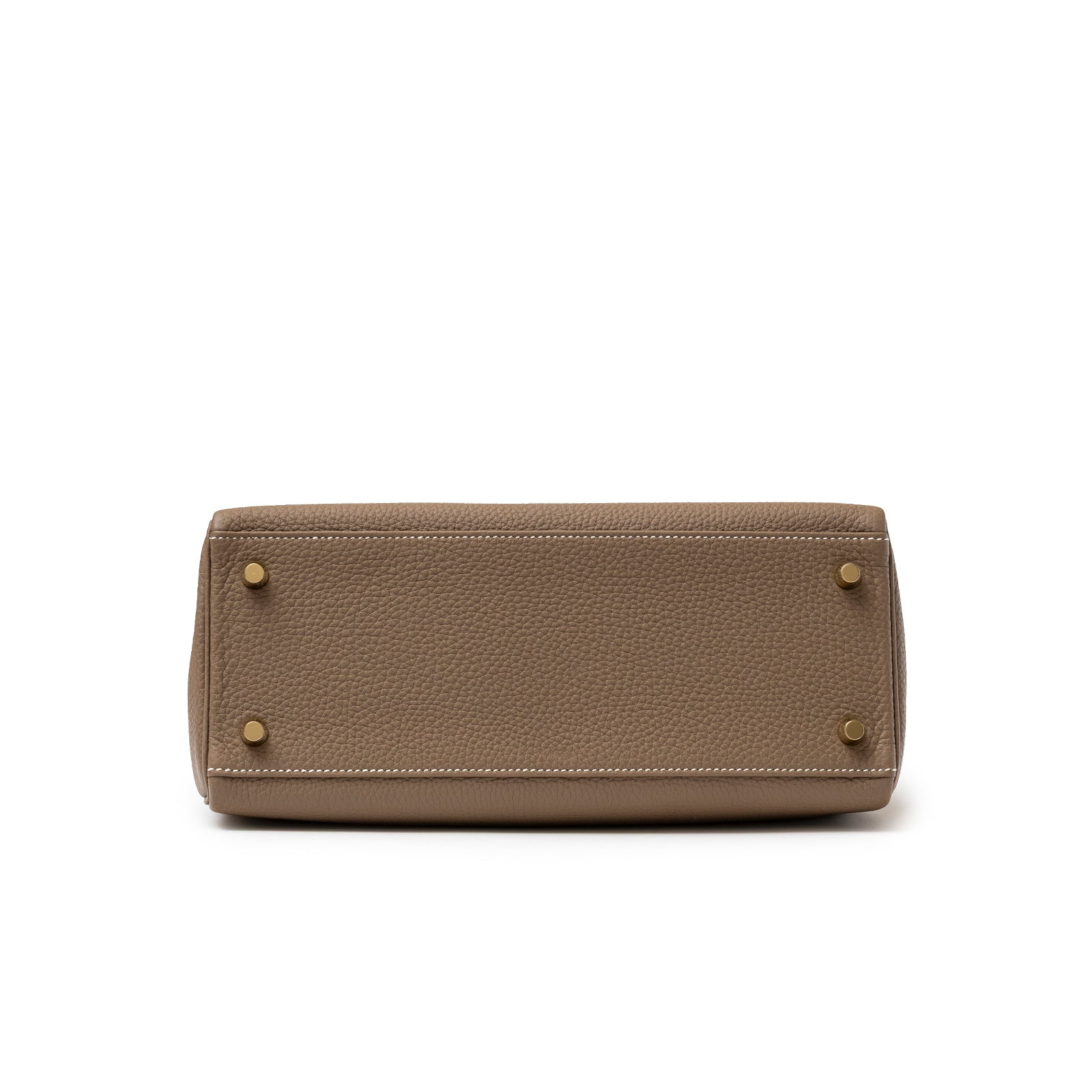 Bottom view of Hermès Kelly 28 Retourne Etoupe Togo Gold Hardware showing textured leather and protective studs