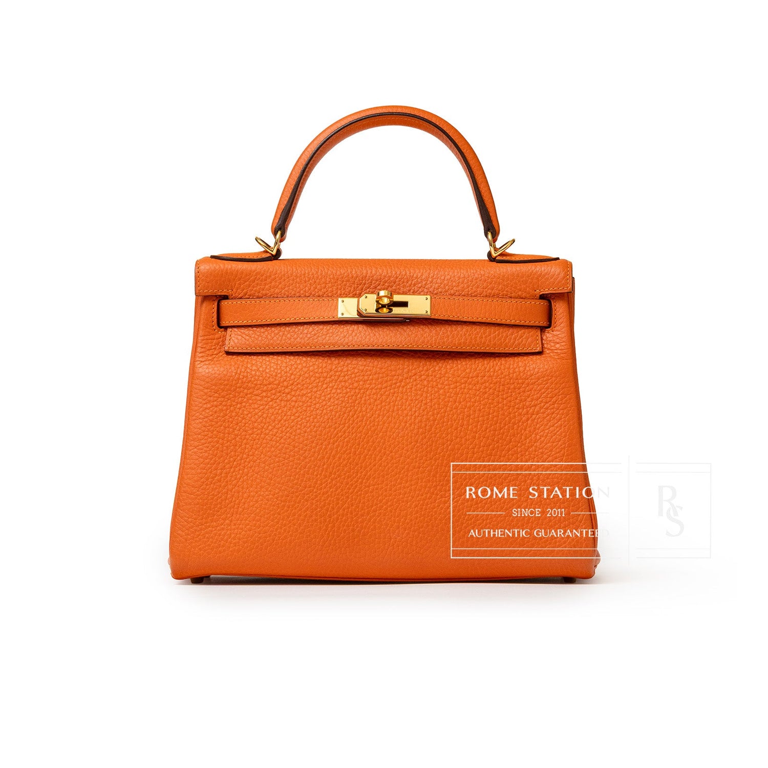 Front view of Hermès Kelly 28 Retourne Orange Clemence Gold Hardware showing texture and clasp detail
