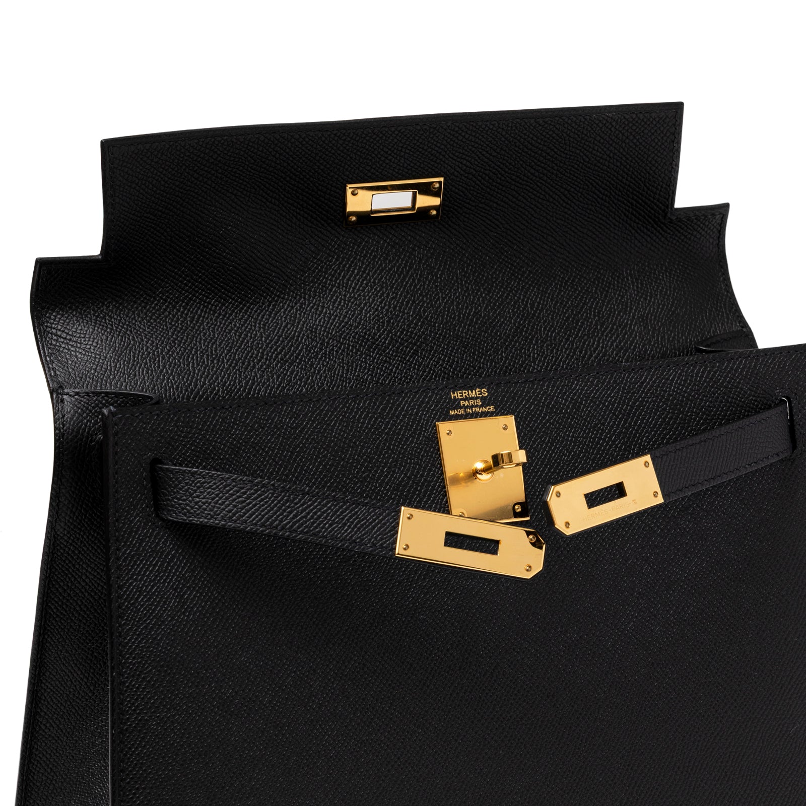 Open top view of Hermès Kelly 28 Sellier Black Epsom Gold Hardware showing gold turn-lock and strap details