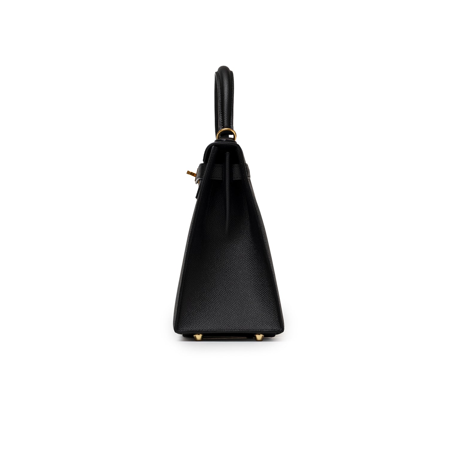 Side view of Hermès Kelly 28 Sellier Black Epsom Gold Hardware showing structured silhouette and smooth leather texture