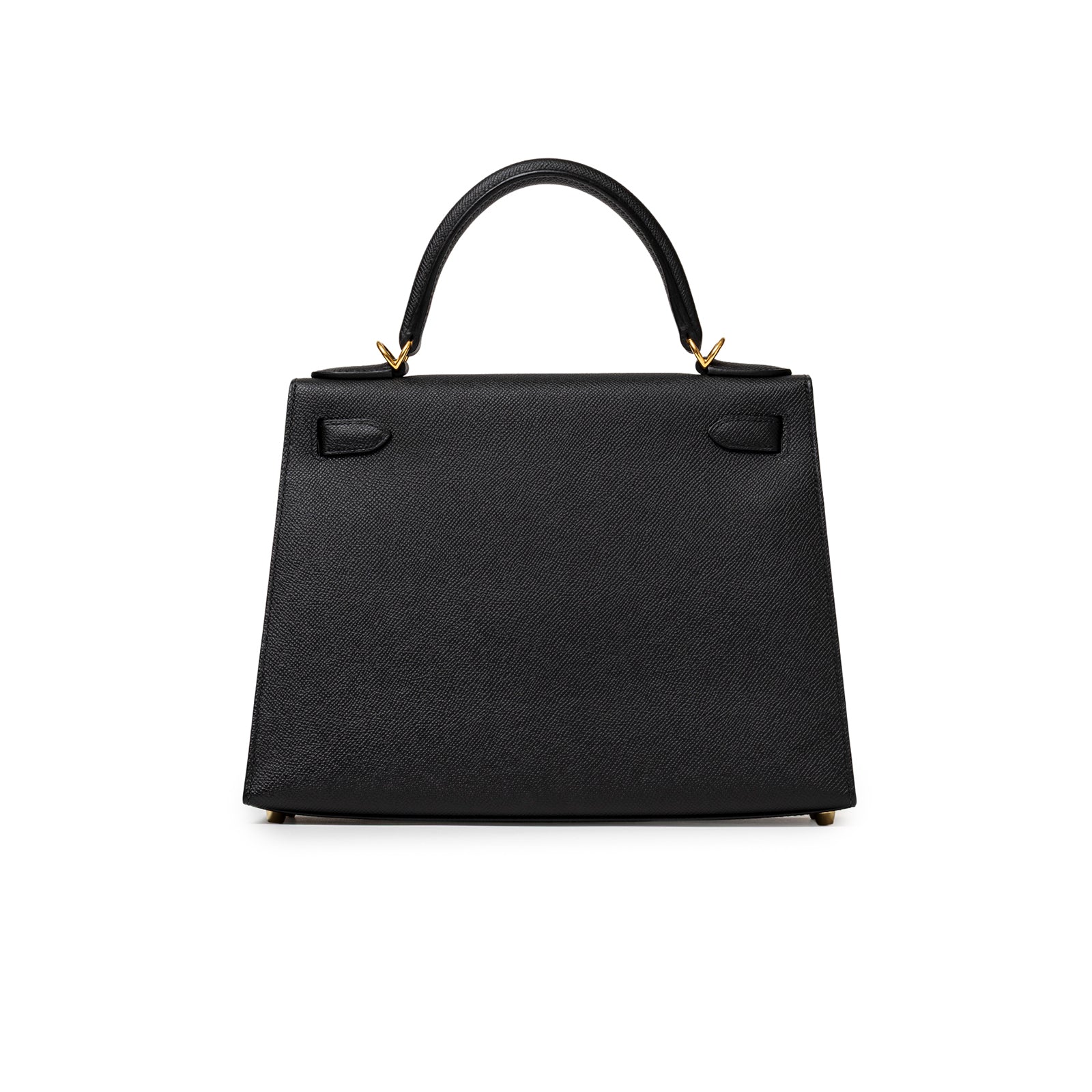 Back view of Hermès Kelly 28 Sellier Black Epsom Gold Hardware showing textured leather and handle attachment details