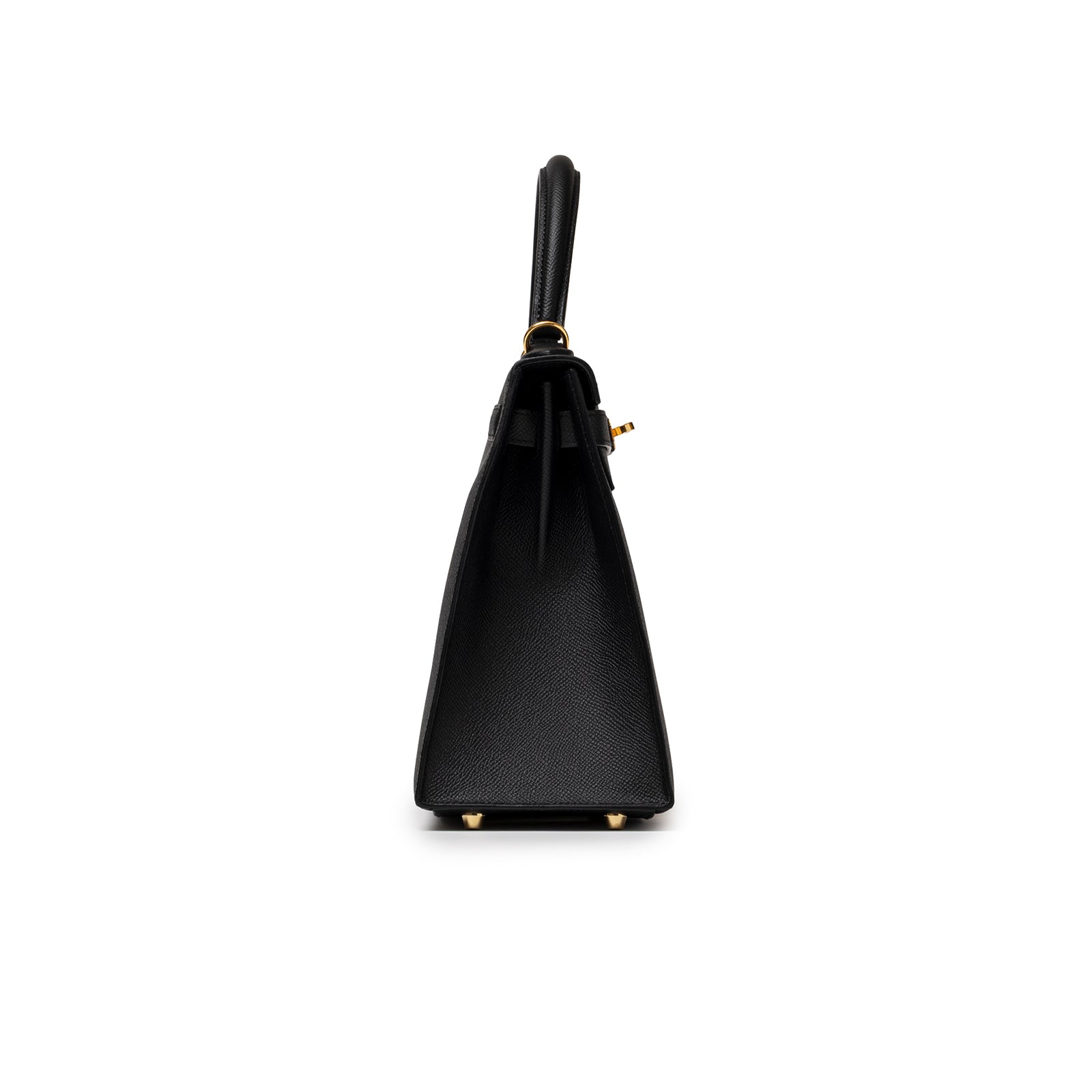 Side profile of Hermès Kelly 28 Sellier Black Epsom Gold Hardware showing structured silhouette and handle detail