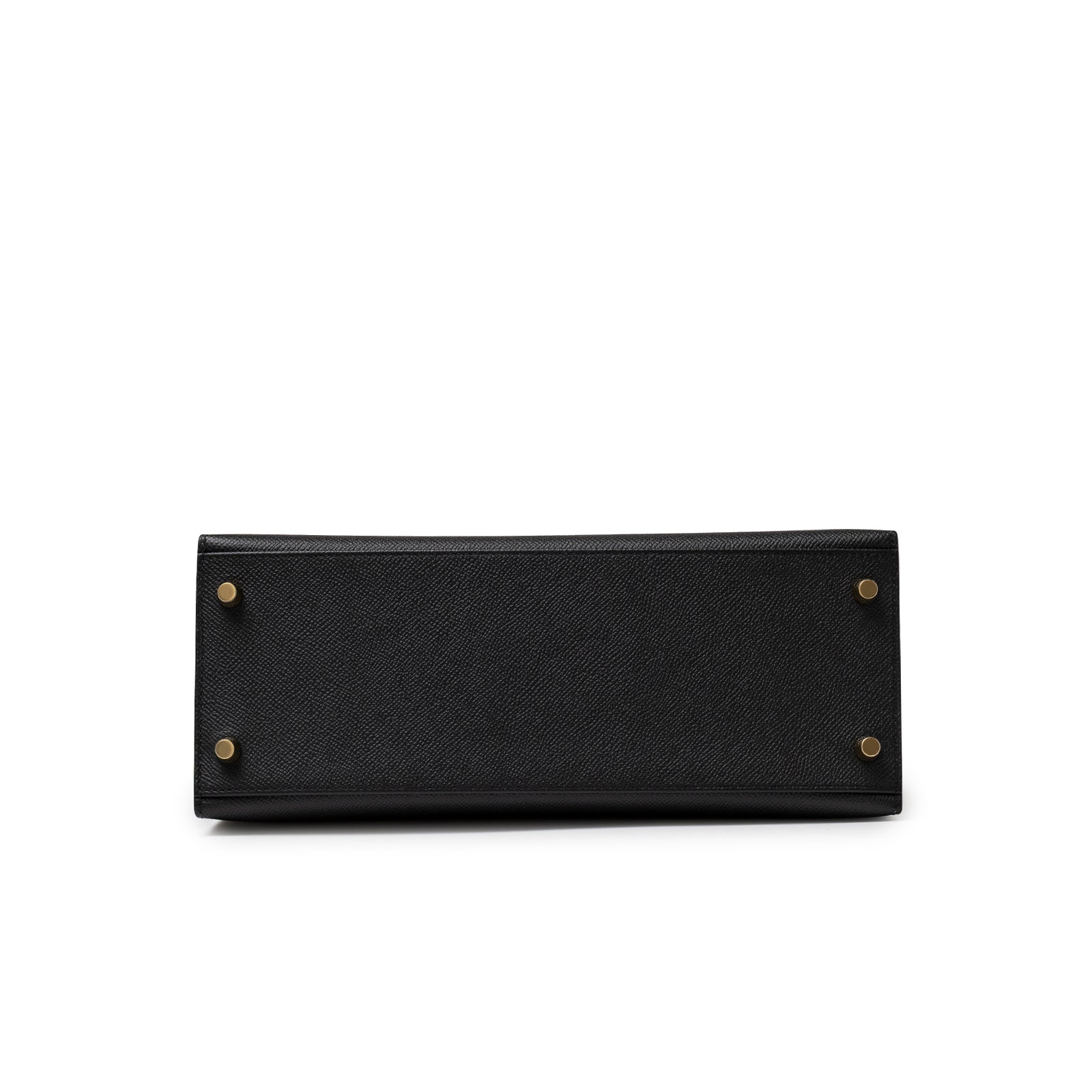 Bottom view of Hermès Kelly 28 Sellier Black Epsom Gold Hardware showing textured leather and metal feet details