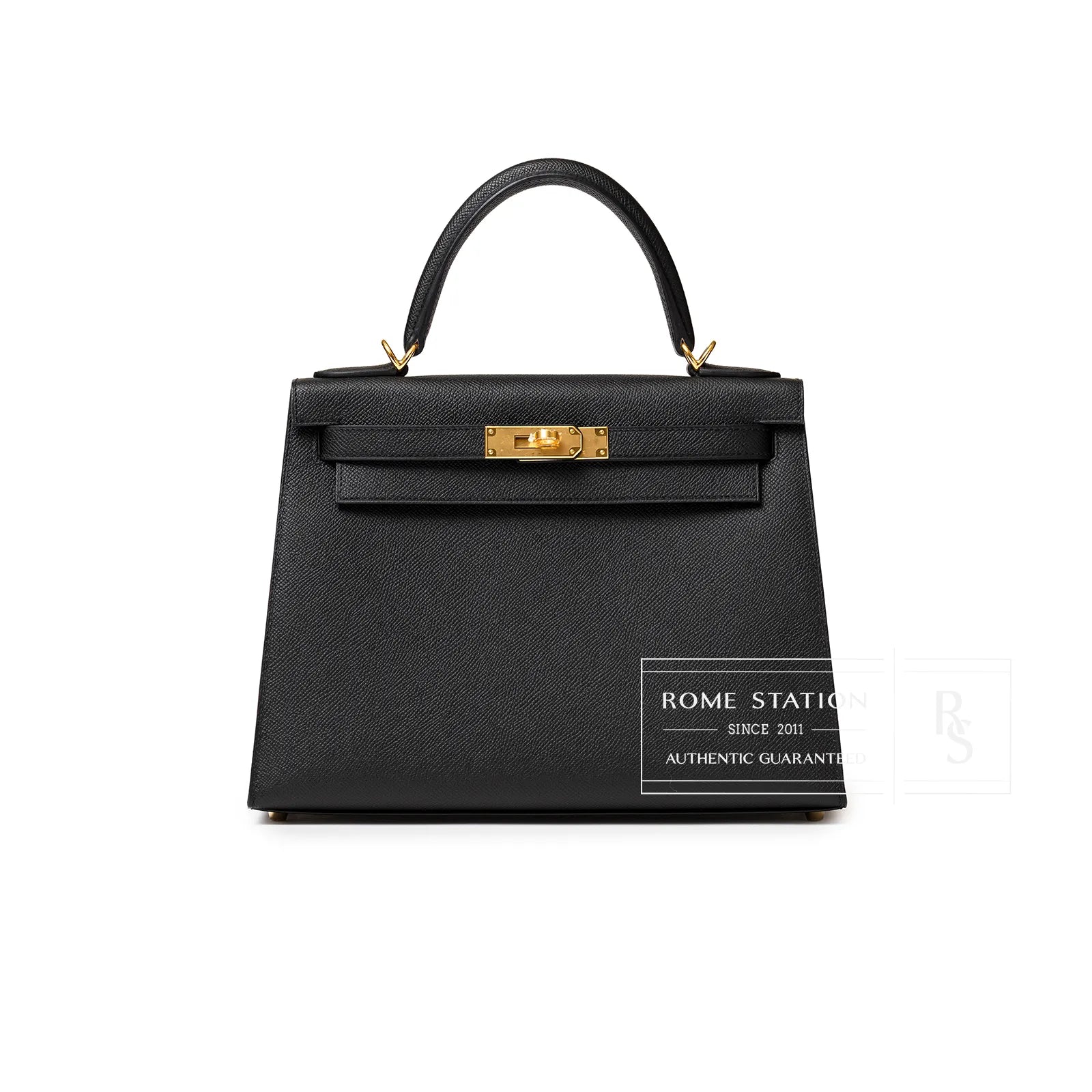 Front view of Hermès Kelly 28 Sellier Black Epsom Gold Hardware handbag with top handle and clasp detail