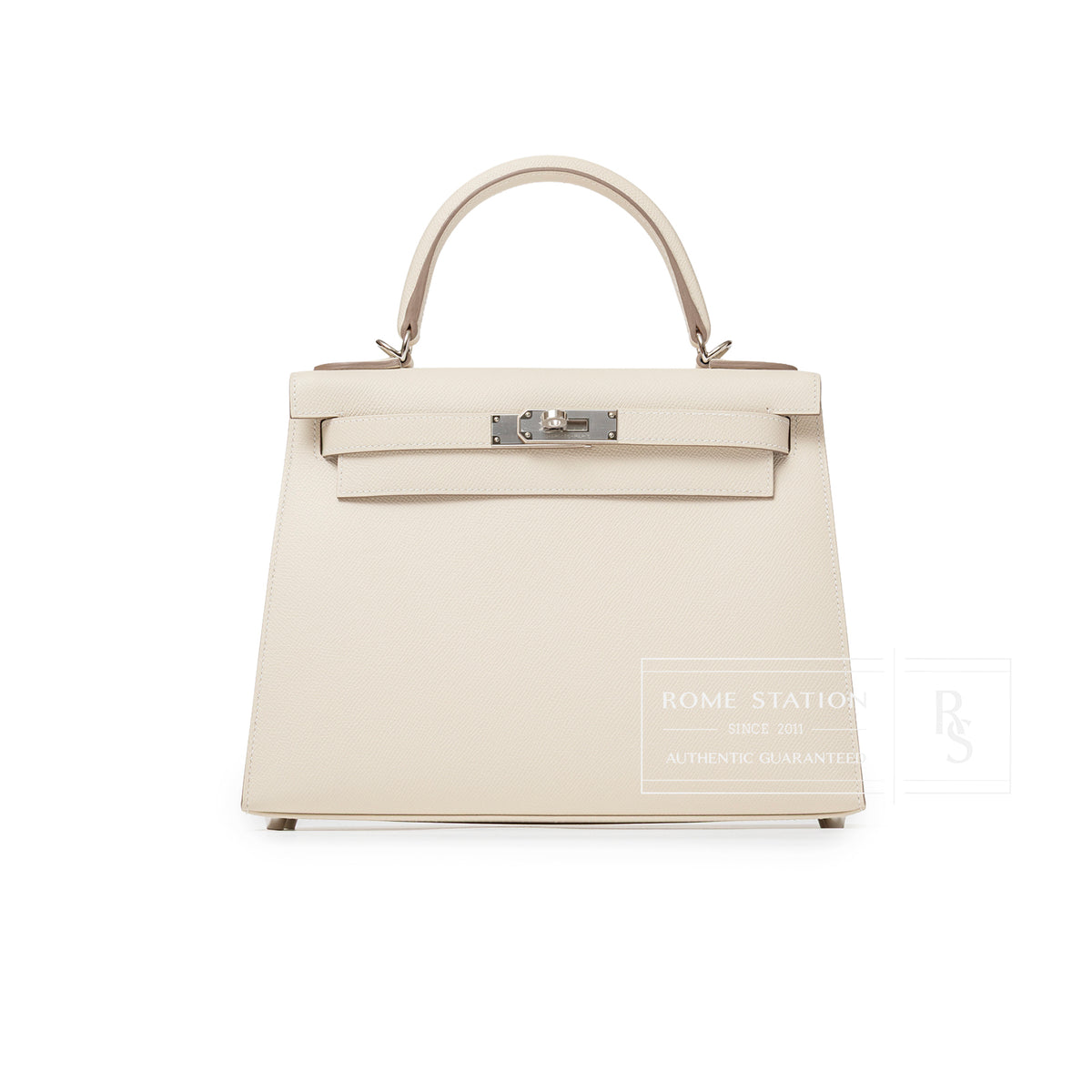 Front view of Hermès Kelly 28 Sellier Craie Epsom Palladium Hardware handbag with top handle visible