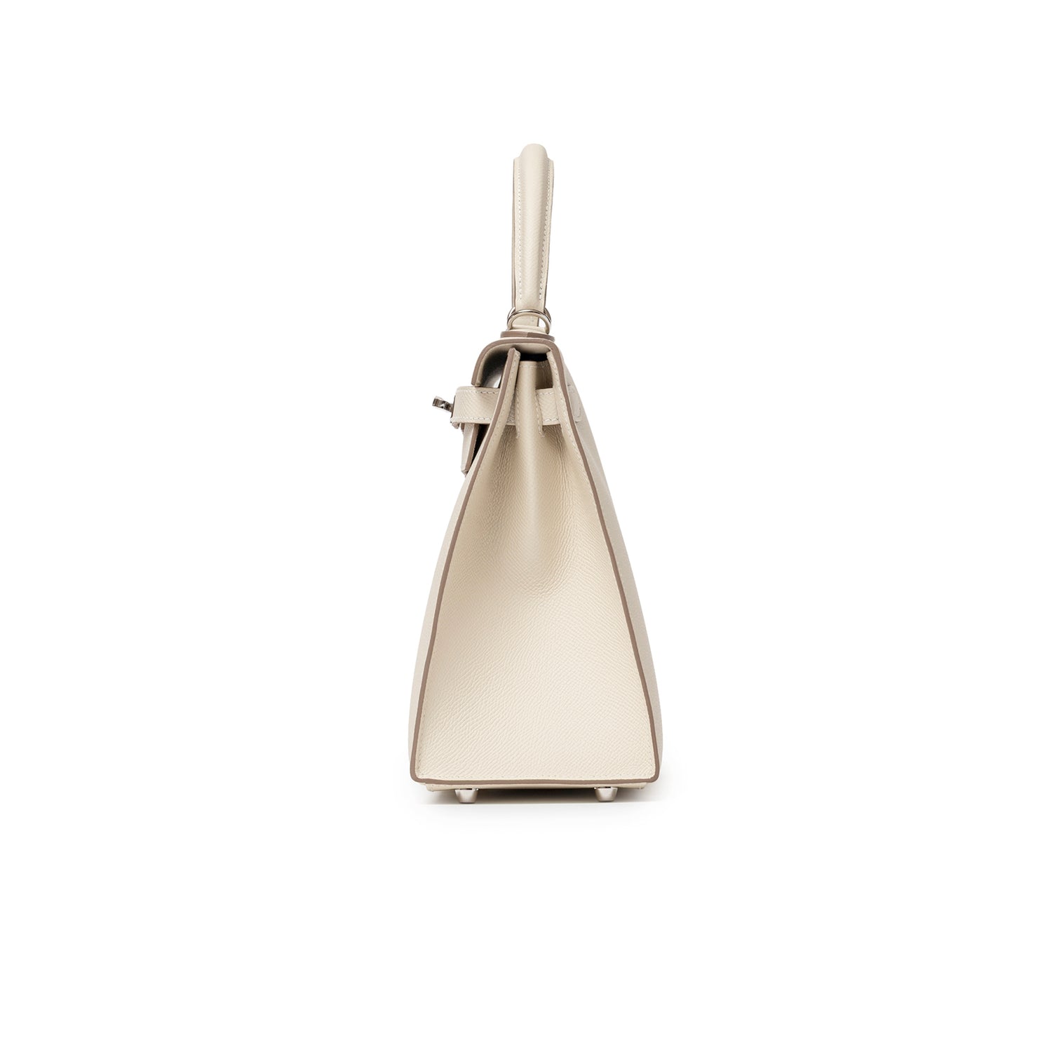 Side profile of Hermès Kelly 28 Sellier Craie Epsom Palladium Hardware handbag in cream leather