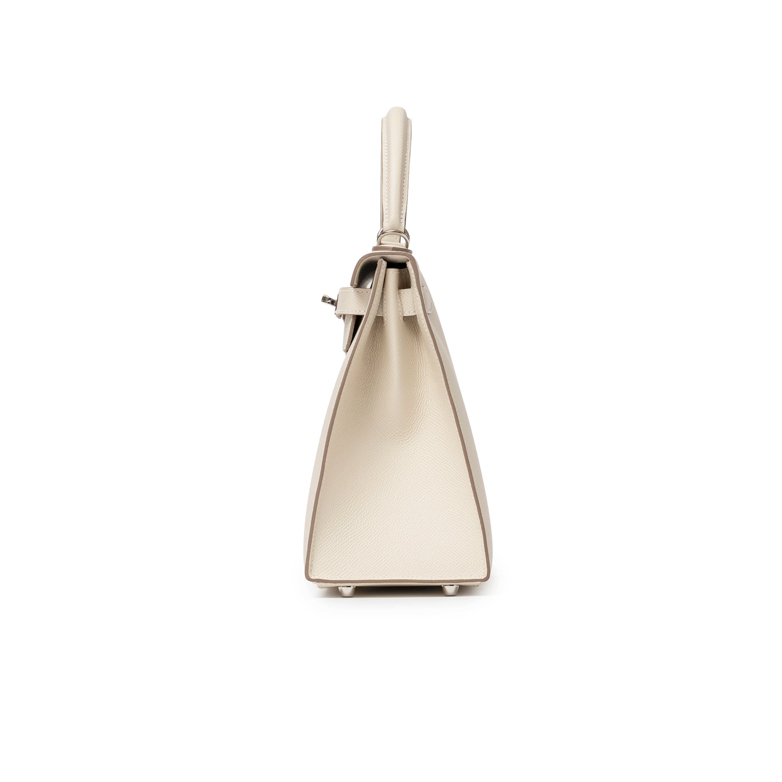 Side profile of Hermès Kelly 28 Sellier Craie Epsom Palladium Hardware handbag in cream leather