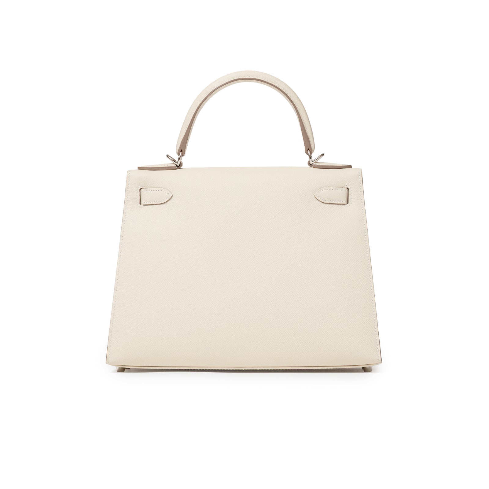 Back view of Hermès Kelly 28 Sellier Craie Epsom Palladium Hardware handbag with single top handle visible