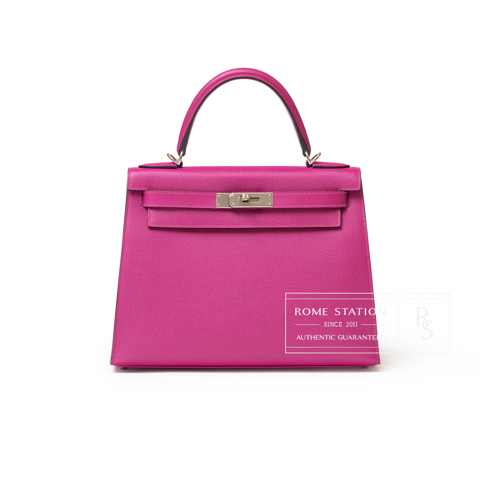 Front view of a Hermès Kelly 28 Sellier Rose Pourpre with a silver clasp and structured handle.