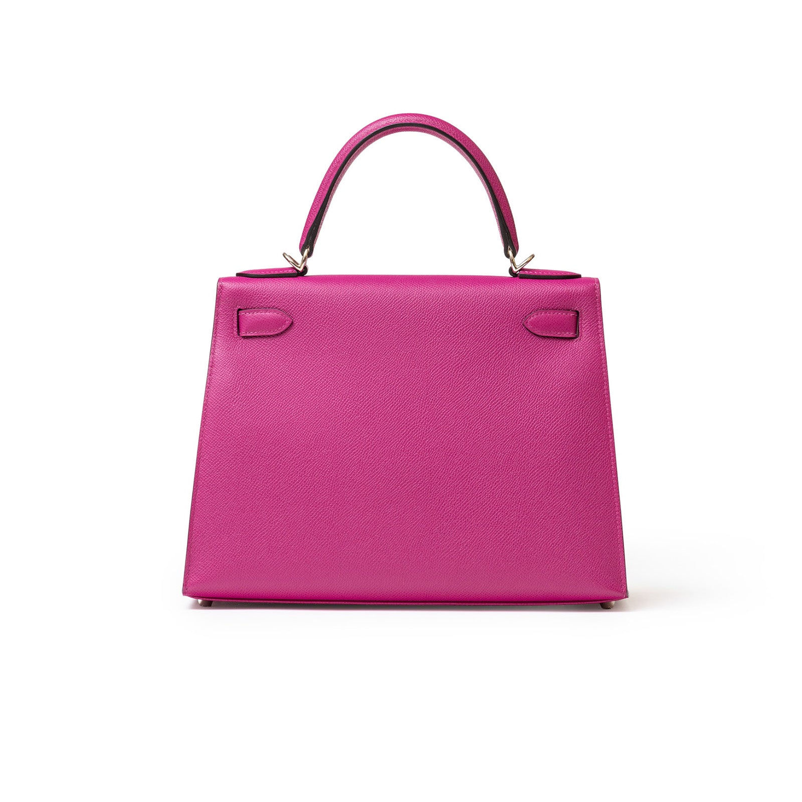 Front view of a Hermès Kelly 28 Sellier Rose Pourpre handbag with a single top handle and minimalist design.