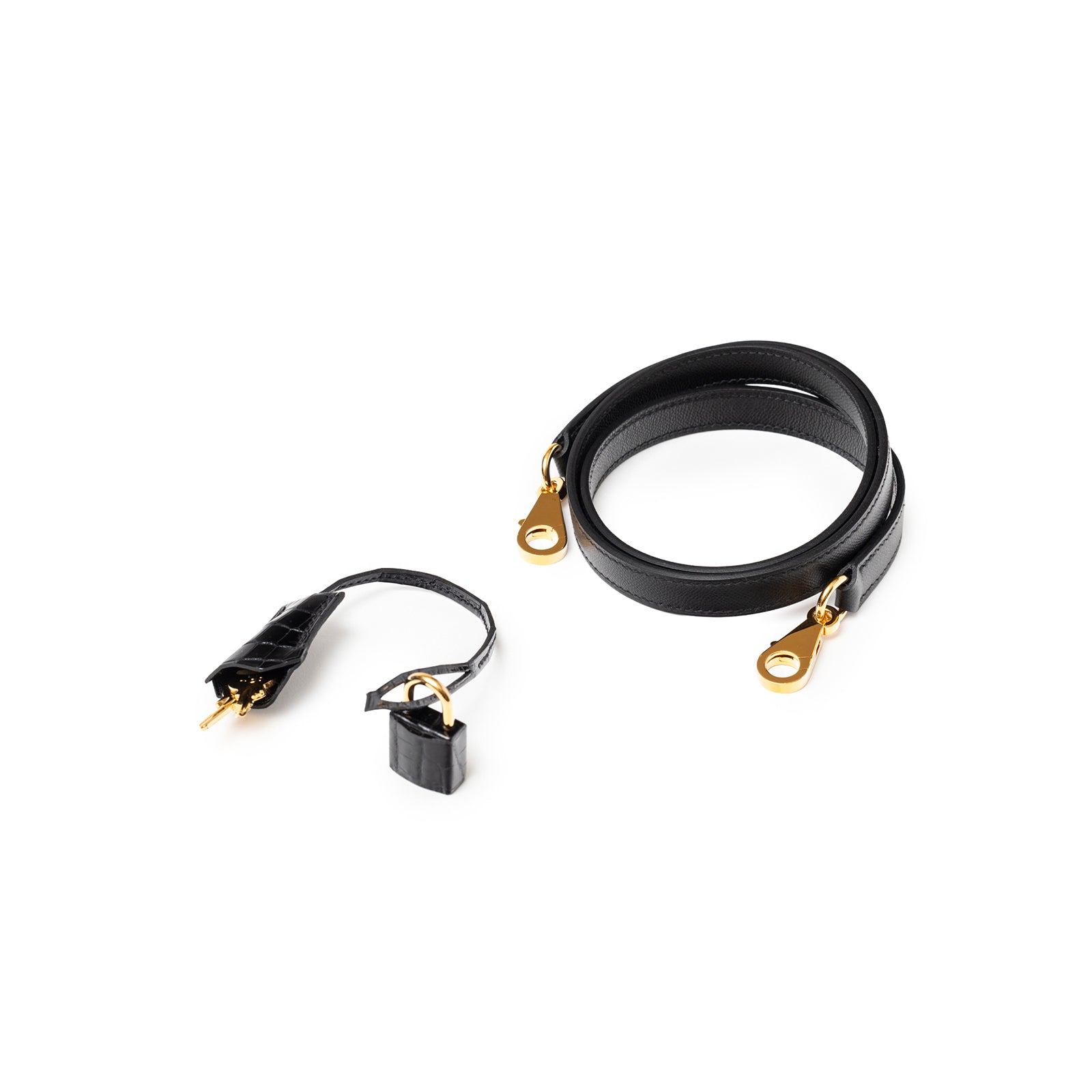 Leather strap and leather-covered key with gold hardware for Hermès Kelly 28 Sellier Touch Black Madame Shiny Niloticus Crocodile Gold Hardware