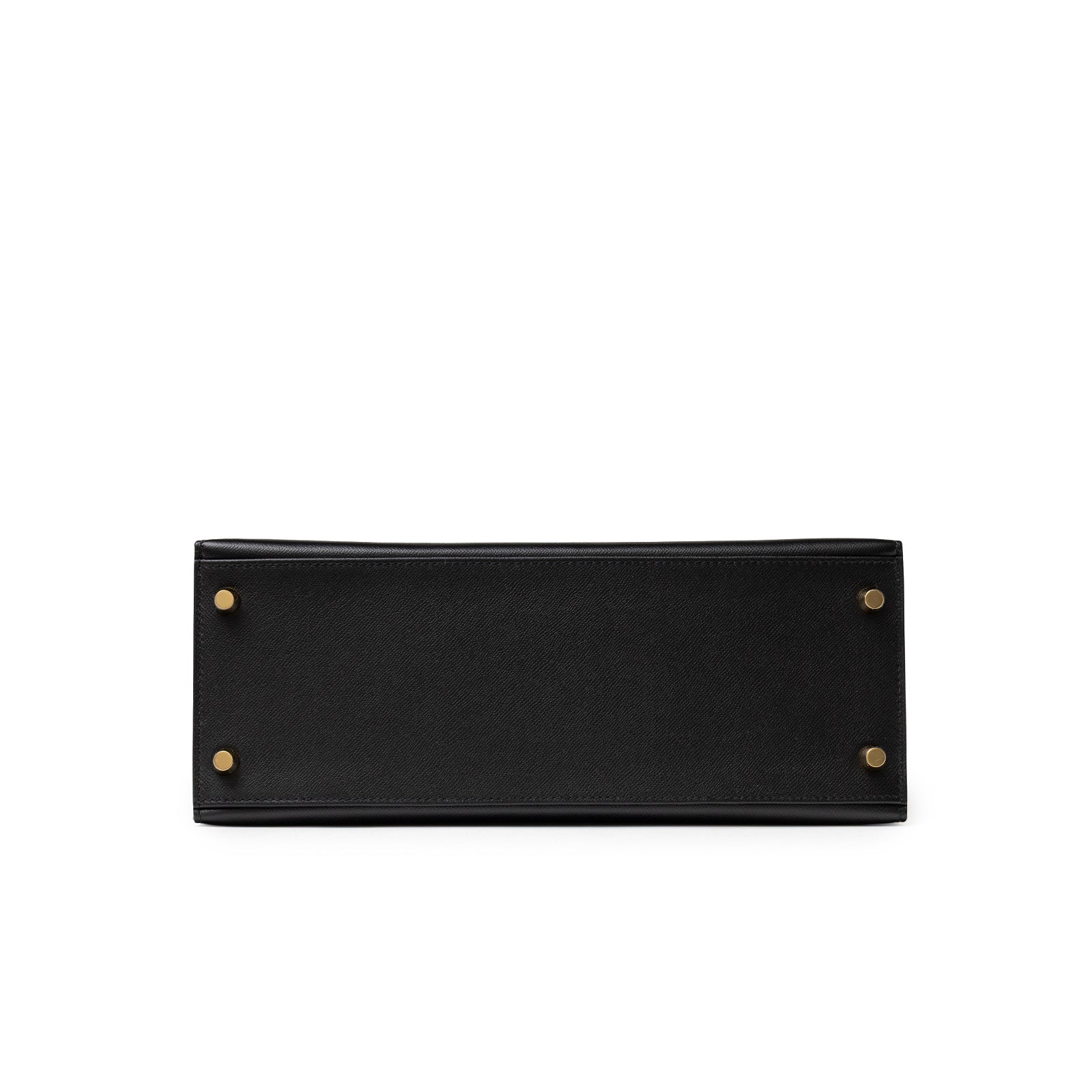 Base view of Hermès Kelly 28 Sellier Touch Black Madame Shiny Niloticus Crocodile Gold Hardware showing leather and gold feet detail