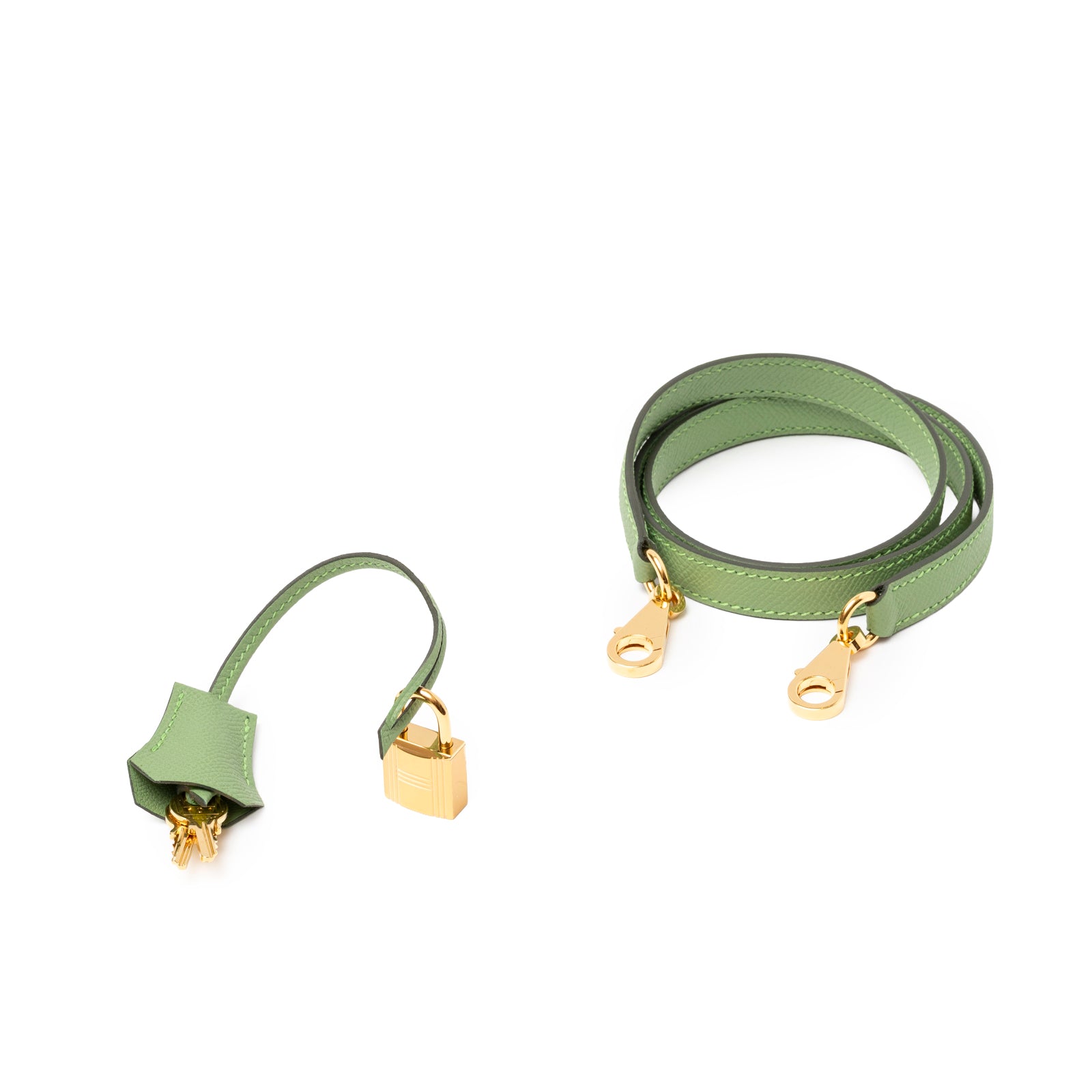 Shoulder strap and matching clochette with gold lock for Hermès Kelly 28 Sellier Vert Criquet Epsom Gold Hardware