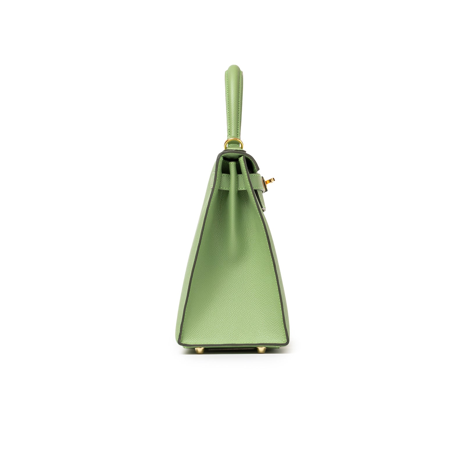 Side angle of Hermès Kelly 28 Sellier Vert Criquet Epsom Gold Hardware showing structured green leather and gold feet detail