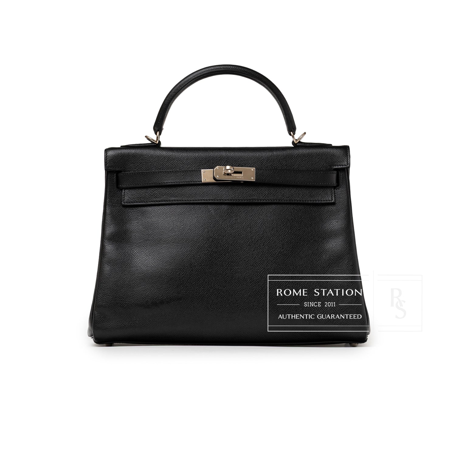 Front view of Hermès Kelly 32 Black Epsom Palladium Hardware displaying smooth leather and polished clasp detail