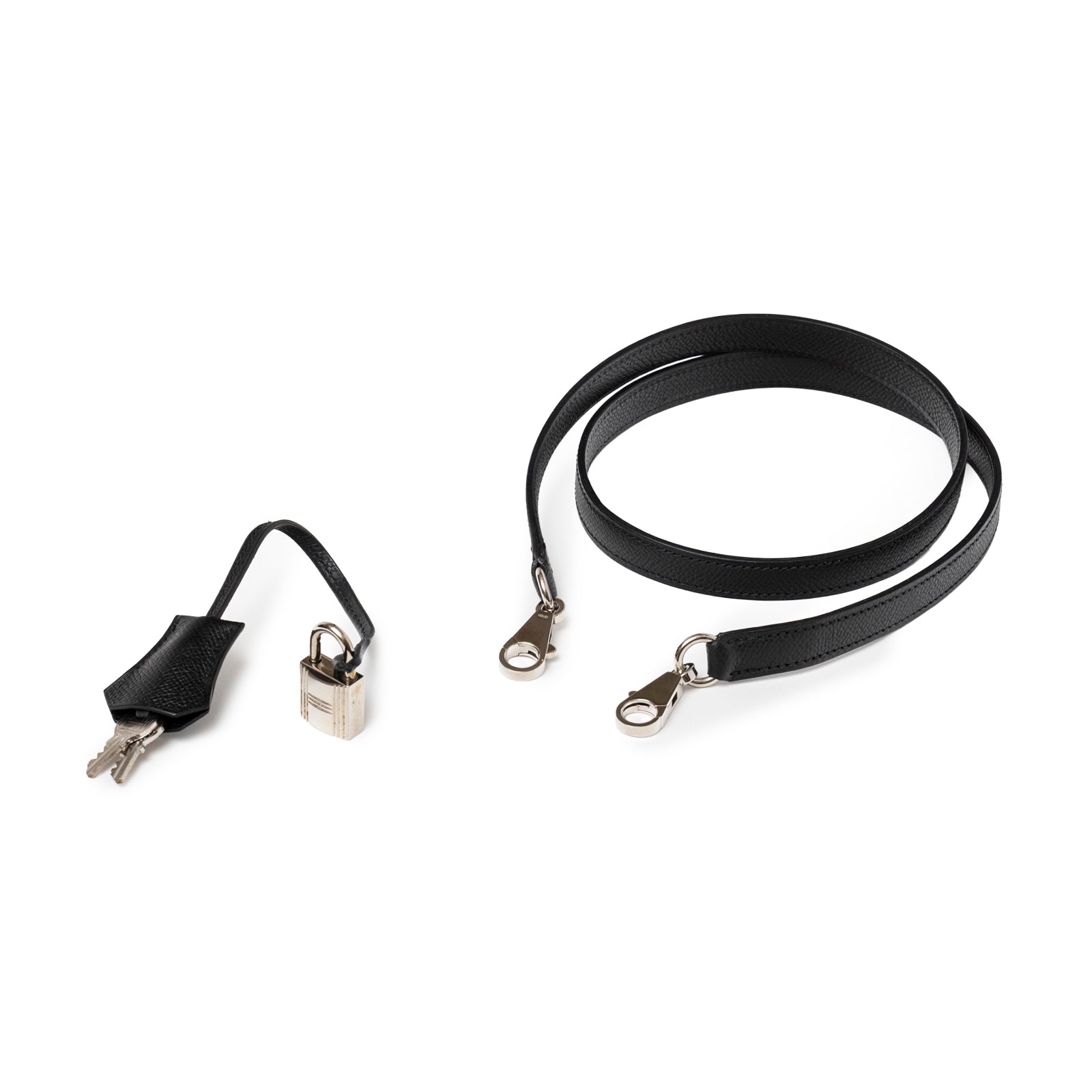 Accessories set for Hermès Kelly 32 Black Epsom Palladium Hardware including black leather strap and lock with keys