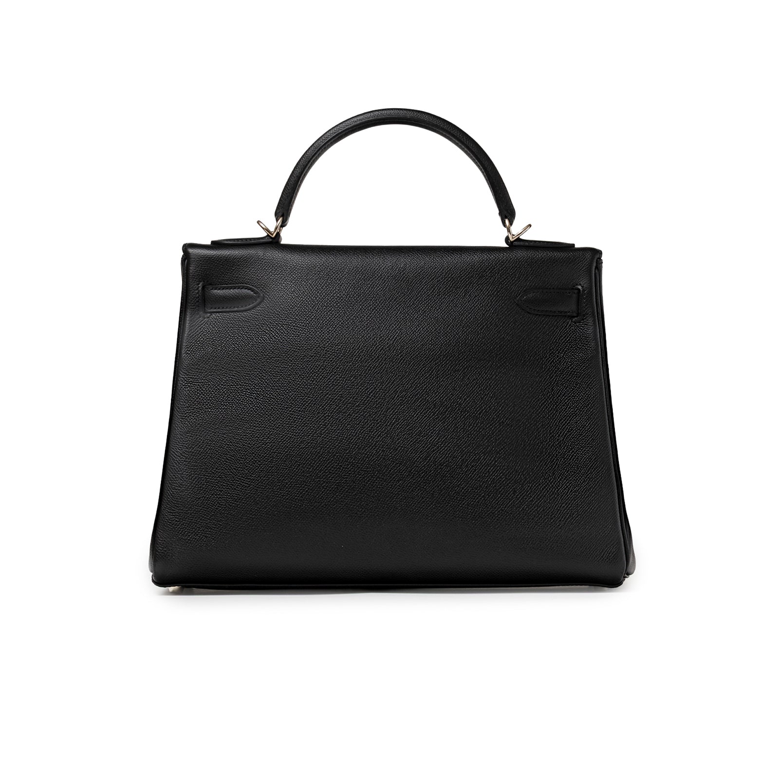 Back view of Hermès Kelly 32 Black Epsom Palladium Hardware showing smooth black leather and handle attachment points