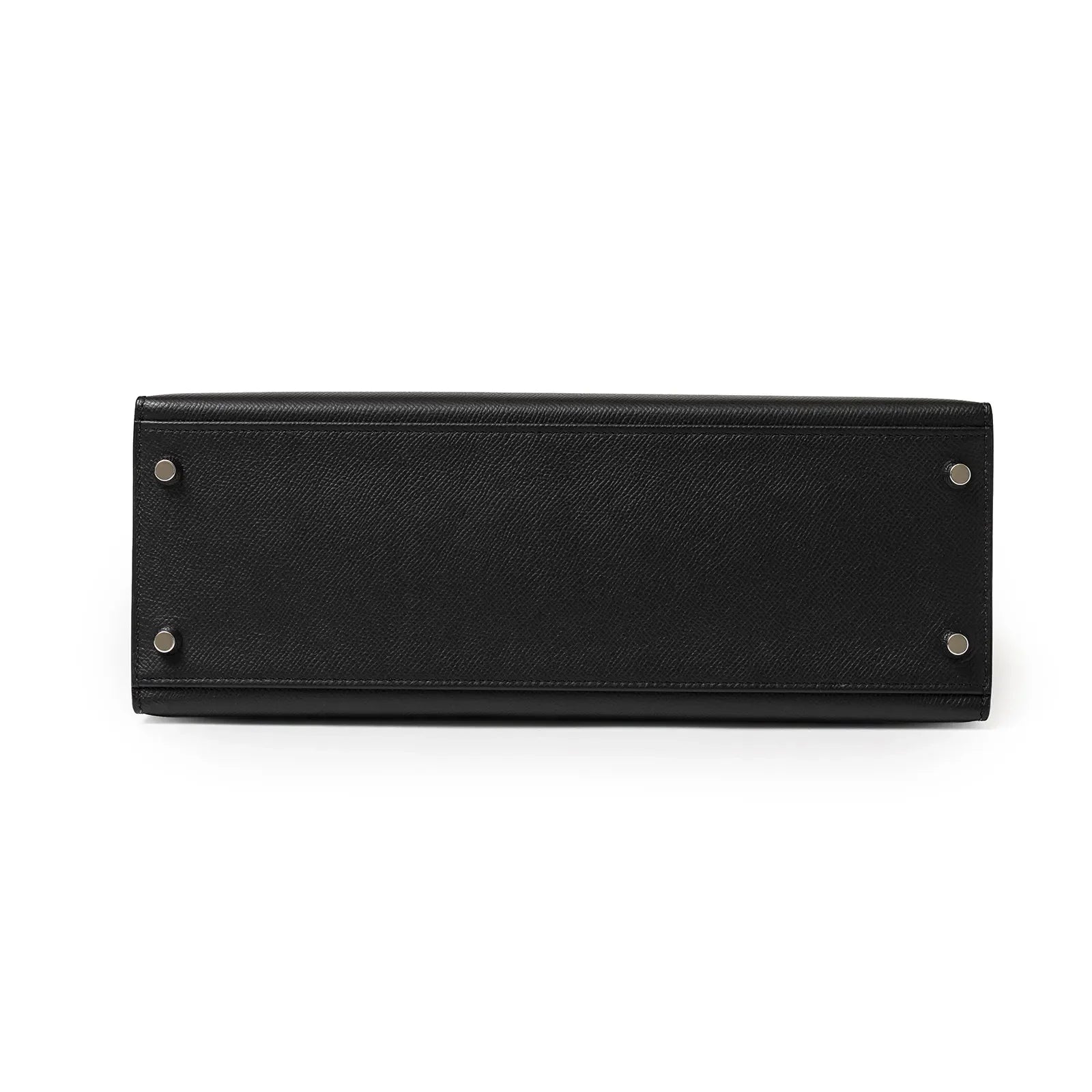 Bottom view of Hermès Kelly 32 Sellier Black Epsom Palladium Hardware showing leather texture and metal studs