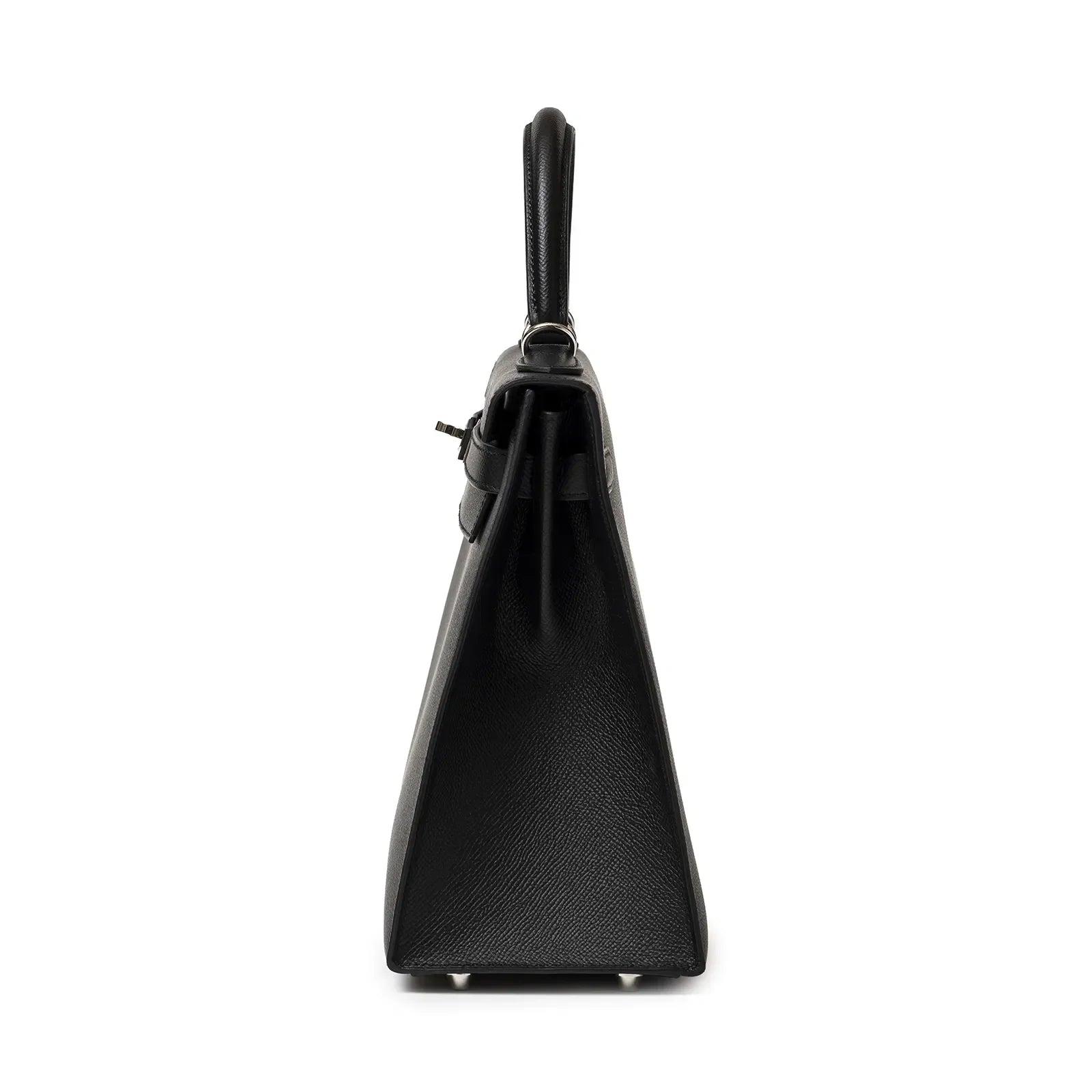 Side view of Hermès Kelly 32 Sellier Black Epsom Palladium Hardware highlighting structured silhouette and handle details