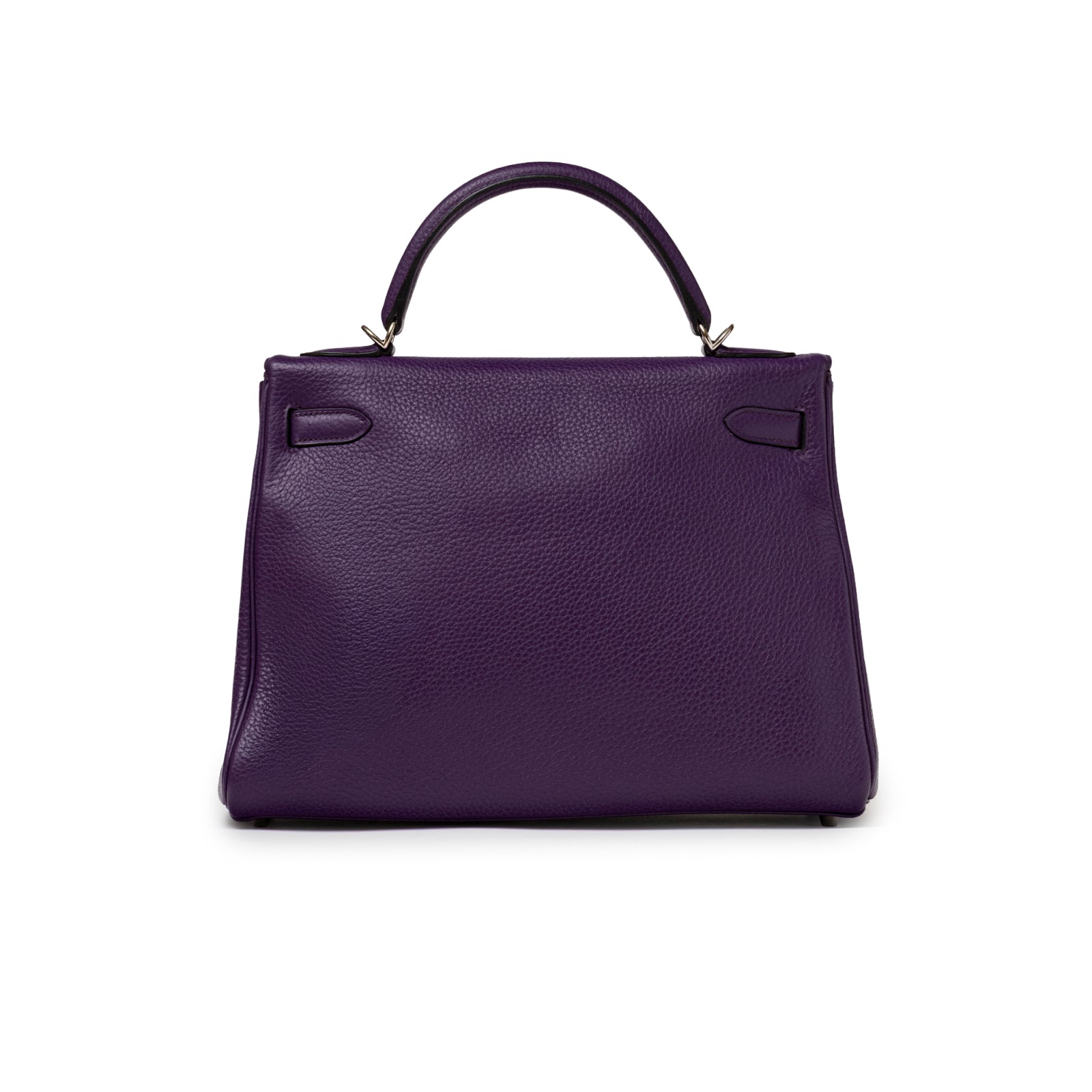 Back view of Hermès Kelly 32 Violet Togo Palladium Hardware showcasing smooth pebbled leather and top handle