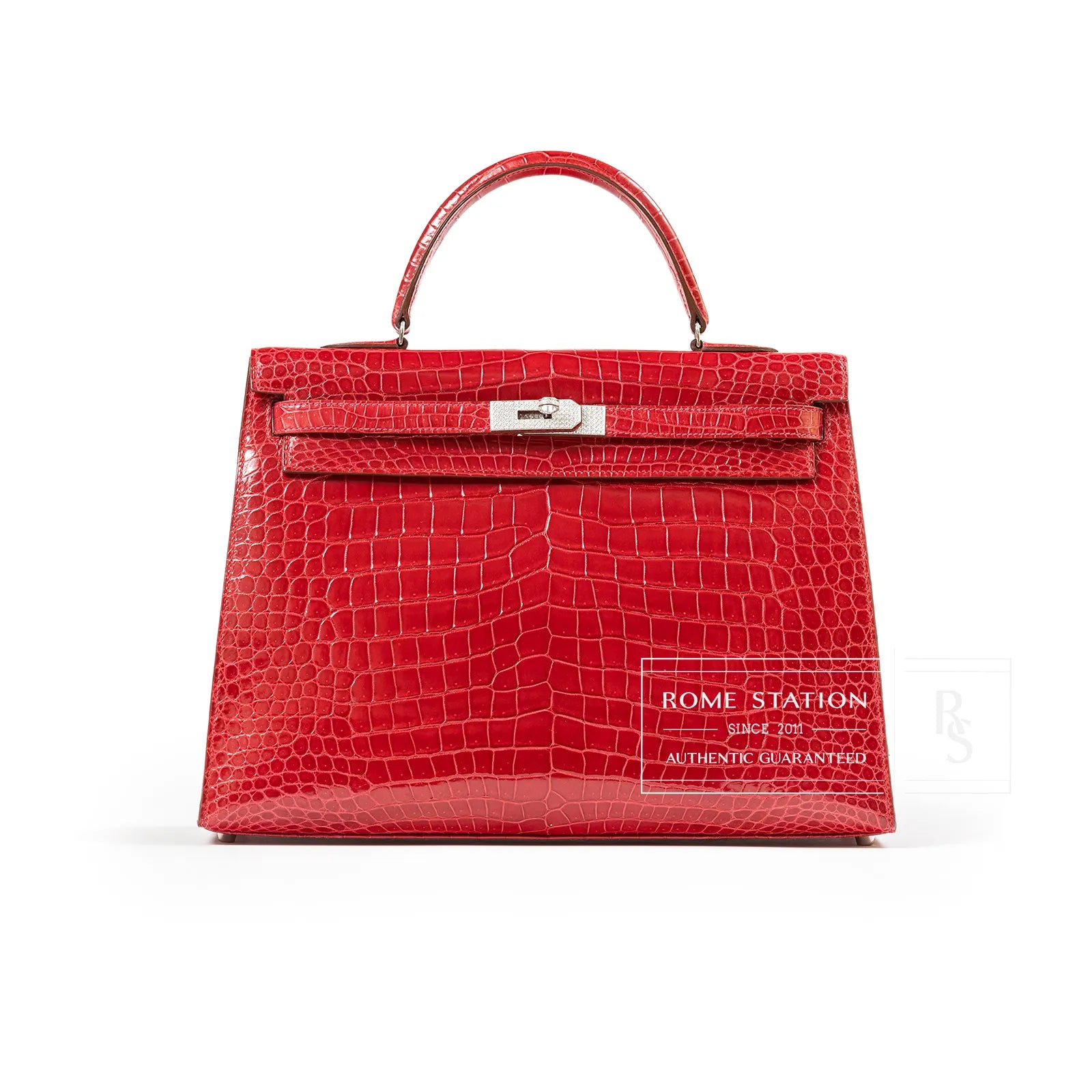 Hermès Kelly 35 Sellier Diamond Rouge Shiny Porosus Crocodile 18K White Gold