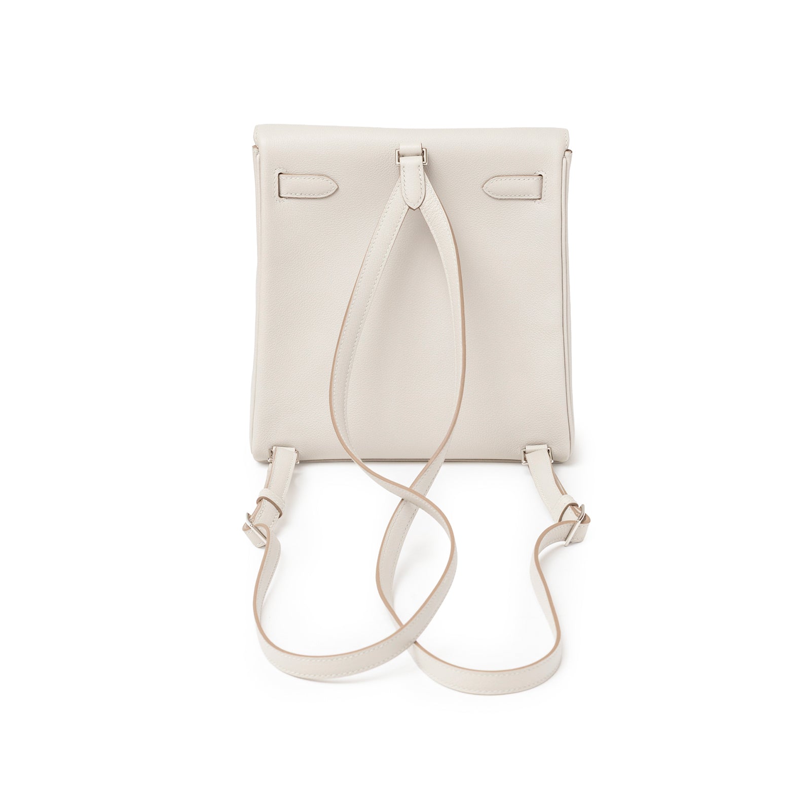 Back view of Hermès Kelly Ado Backpack Gris Perle Evercolor Palladium Hardware with adjustable leather straps