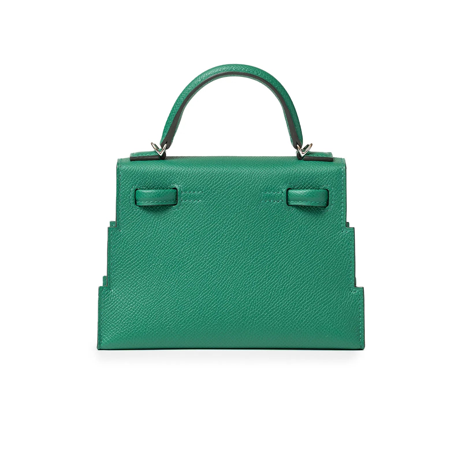 Hermès Kelly Dole Picto Vertigo /Gold/Zanzibar/Misty Epsom Palladium Hardware handbag with top handle on white background.