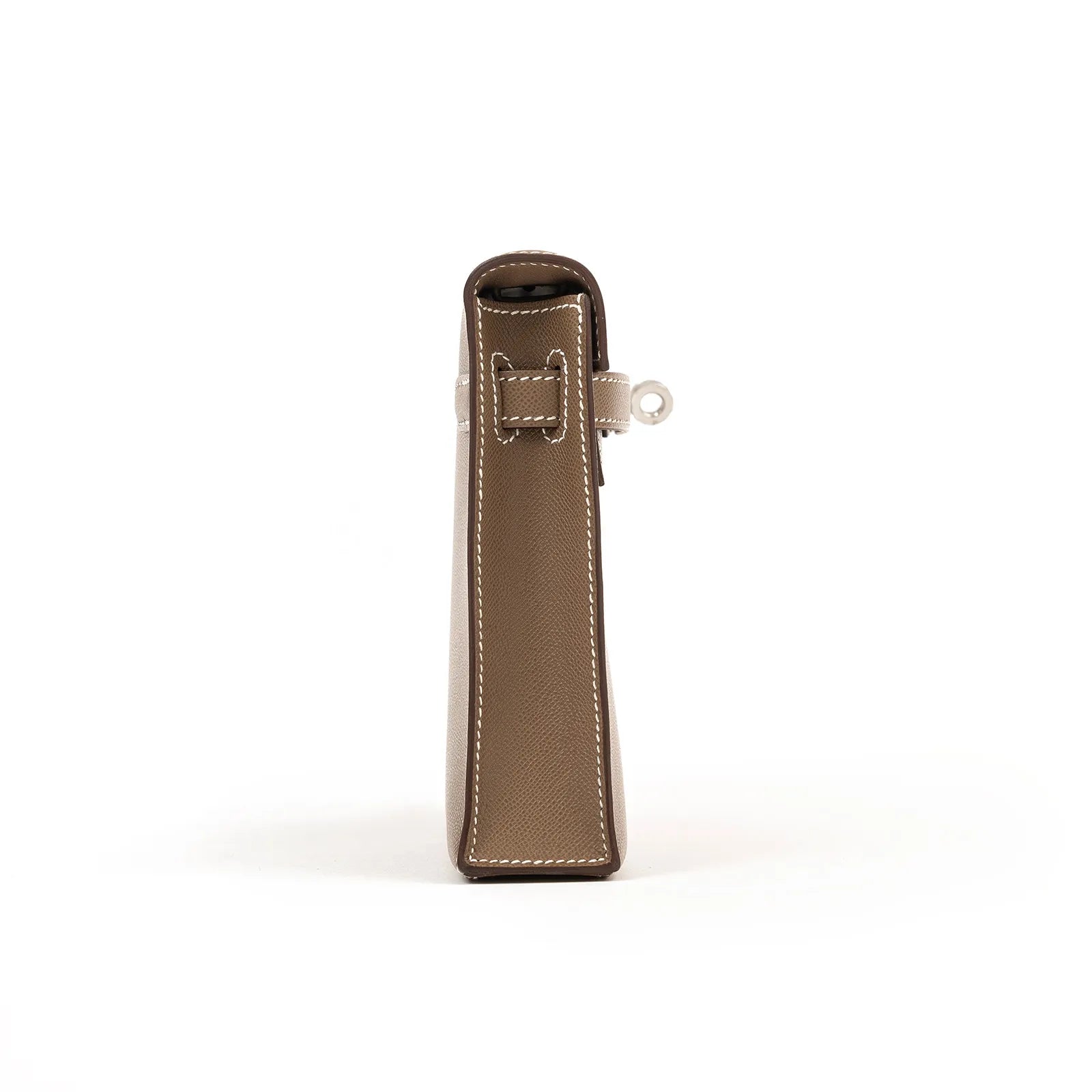 Side view of Hermès Kelly Elan Etoupe Madame Palladium Hardware highlighting leather texture and stitching details