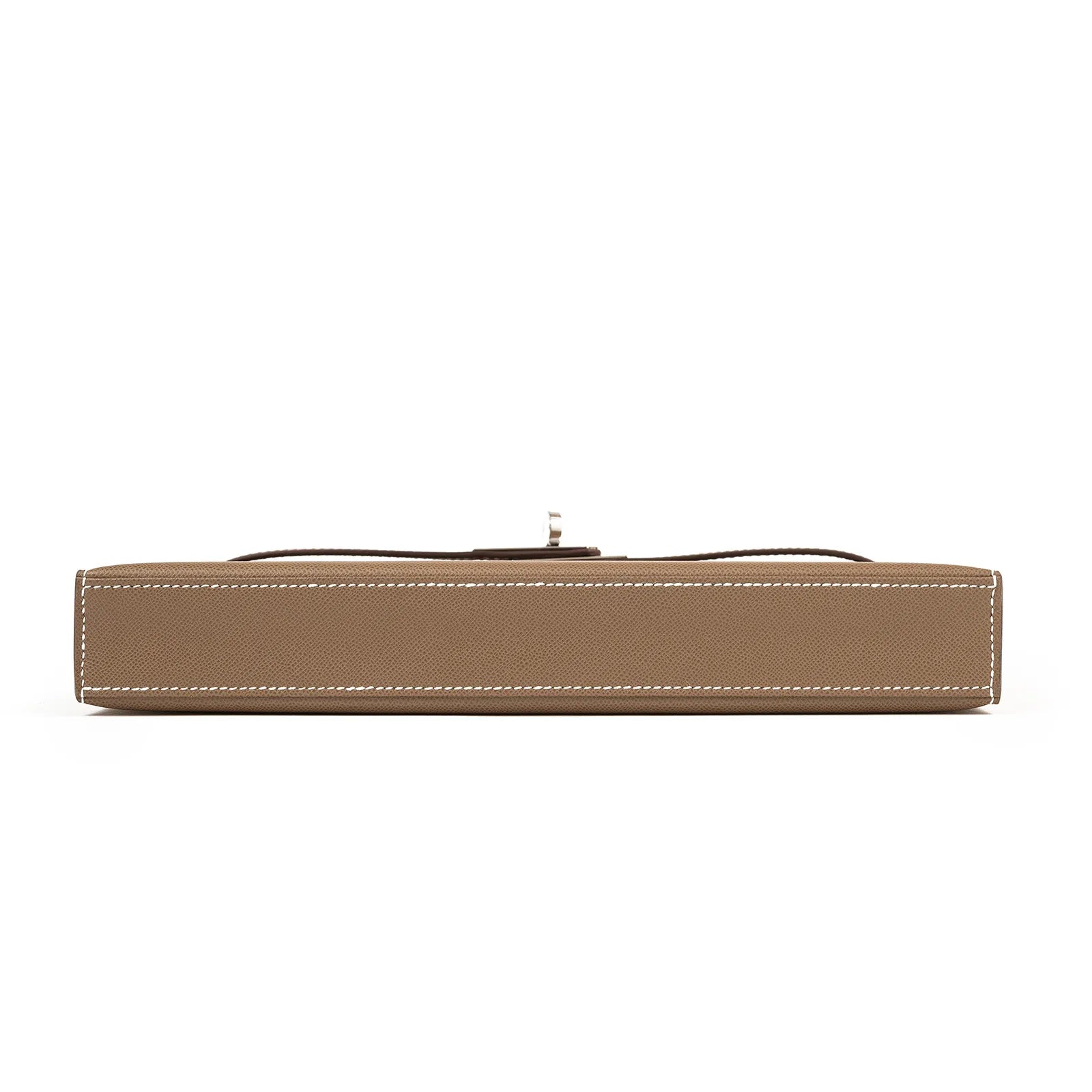 Bottom view of Hermès Kelly Elan Etoupe Madame Palladium Hardware showing taupe leather base with white stitching