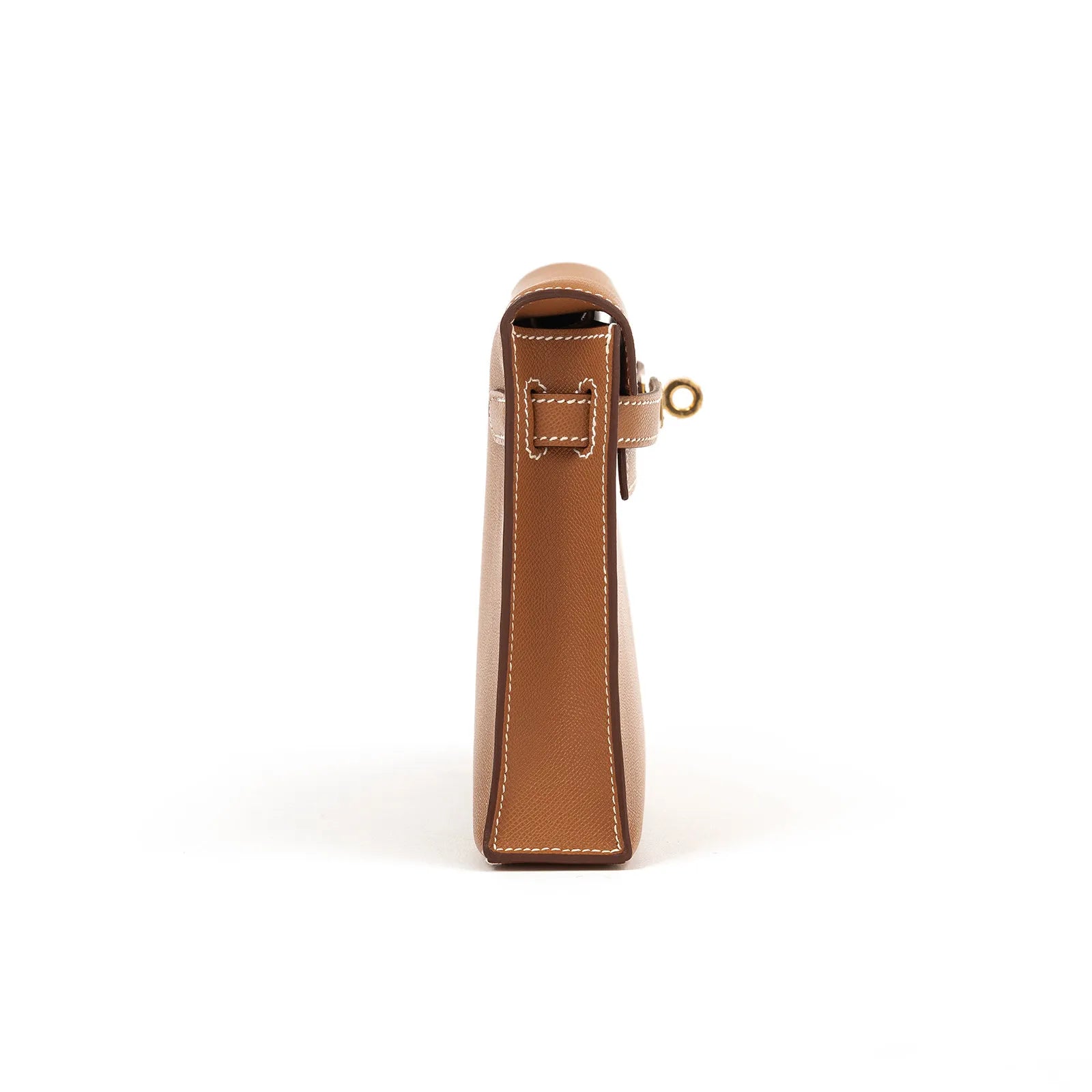 Side profile of Hermès Kelly Elan Gold Madame Gold Hardware showing clean stitching and structured shape