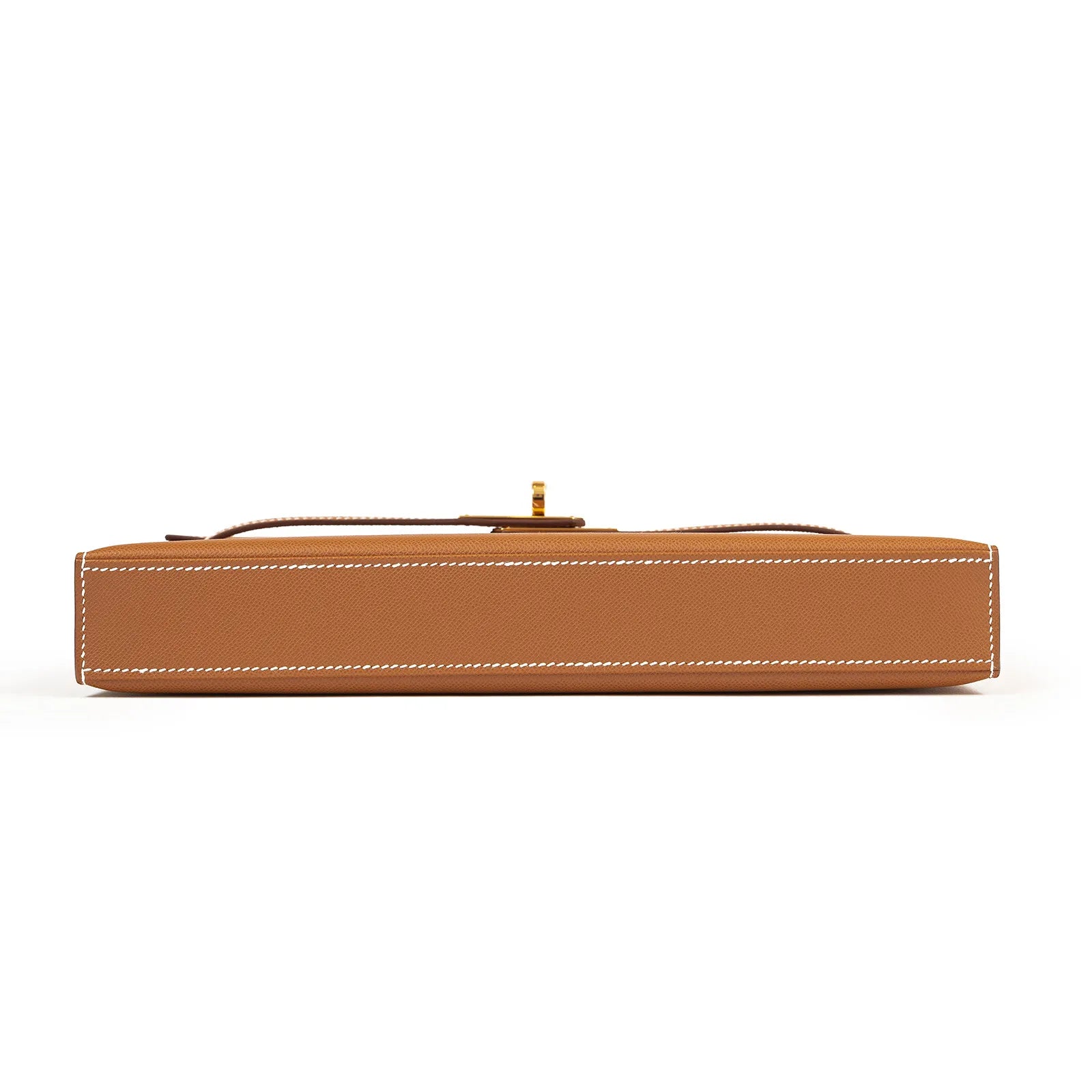 Bottom view showing structured base and white stitching of Hermès Kelly Elan Gold Madame Gold Hardware bag