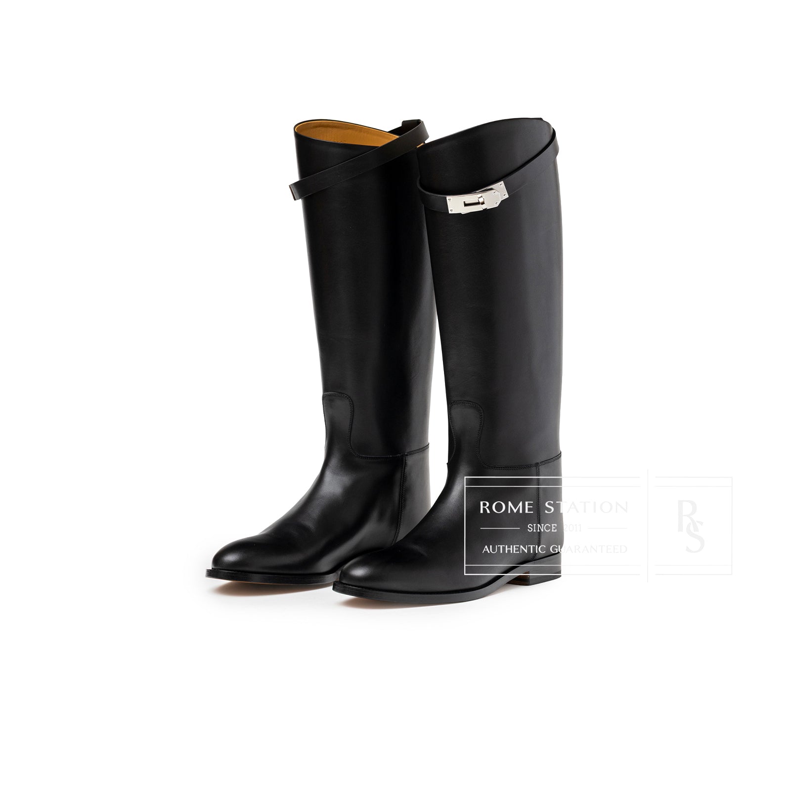 Angled view of Hermès Kelly Jumping Boot Black Box Palladium Plated showing smooth calf leather and hardware detail