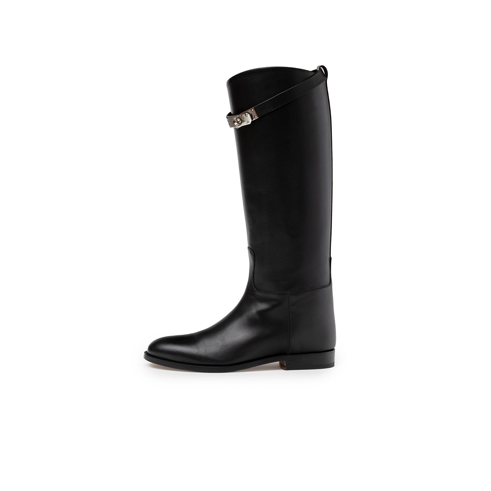 Side view of Hermès Kelly Jumping Boot Black Box Palladium Plated calf leather with strap and buckle detail