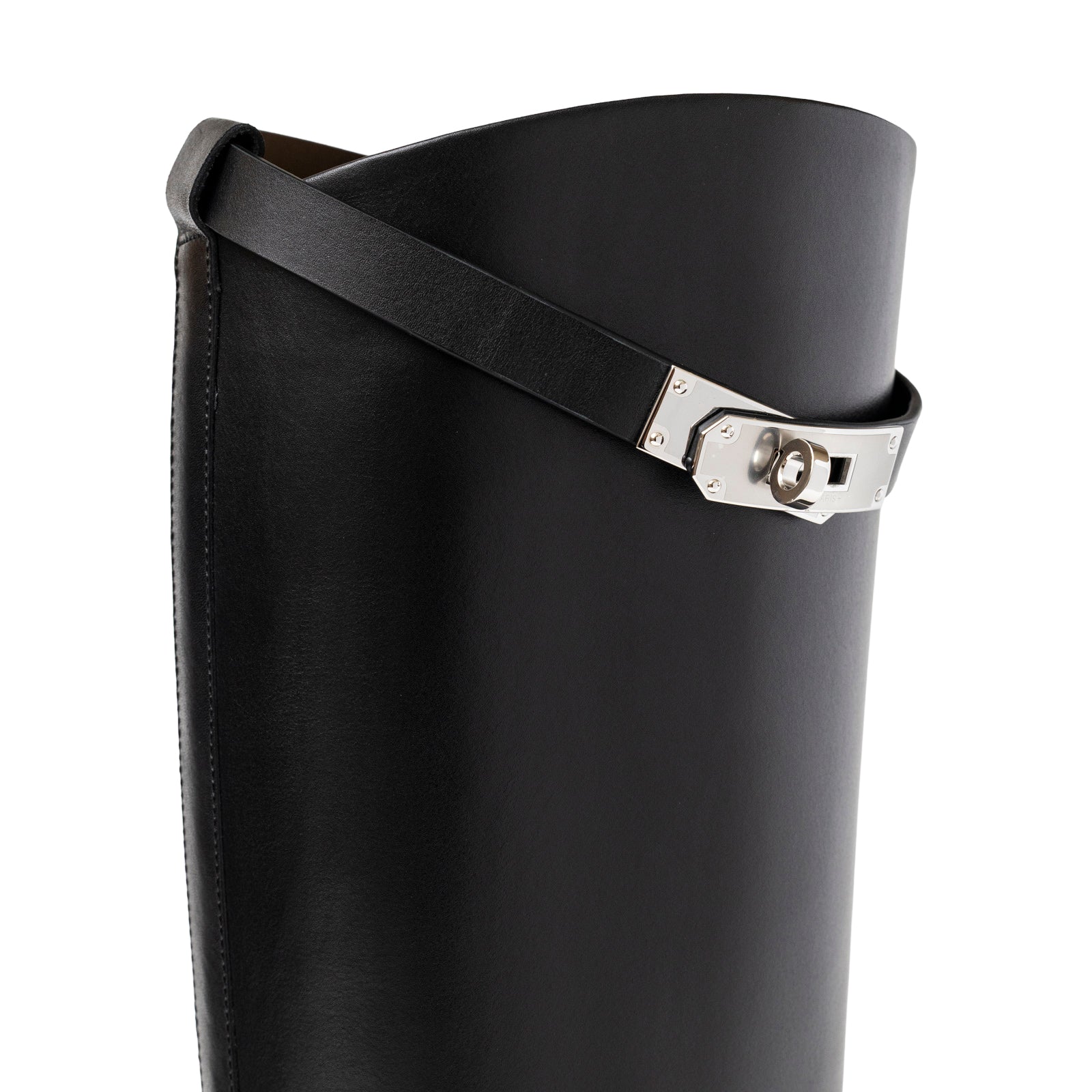Close-up angled view of Hermès Kelly Jumping Boot Black Box Palladium Plated showing smooth leather and hardware detail