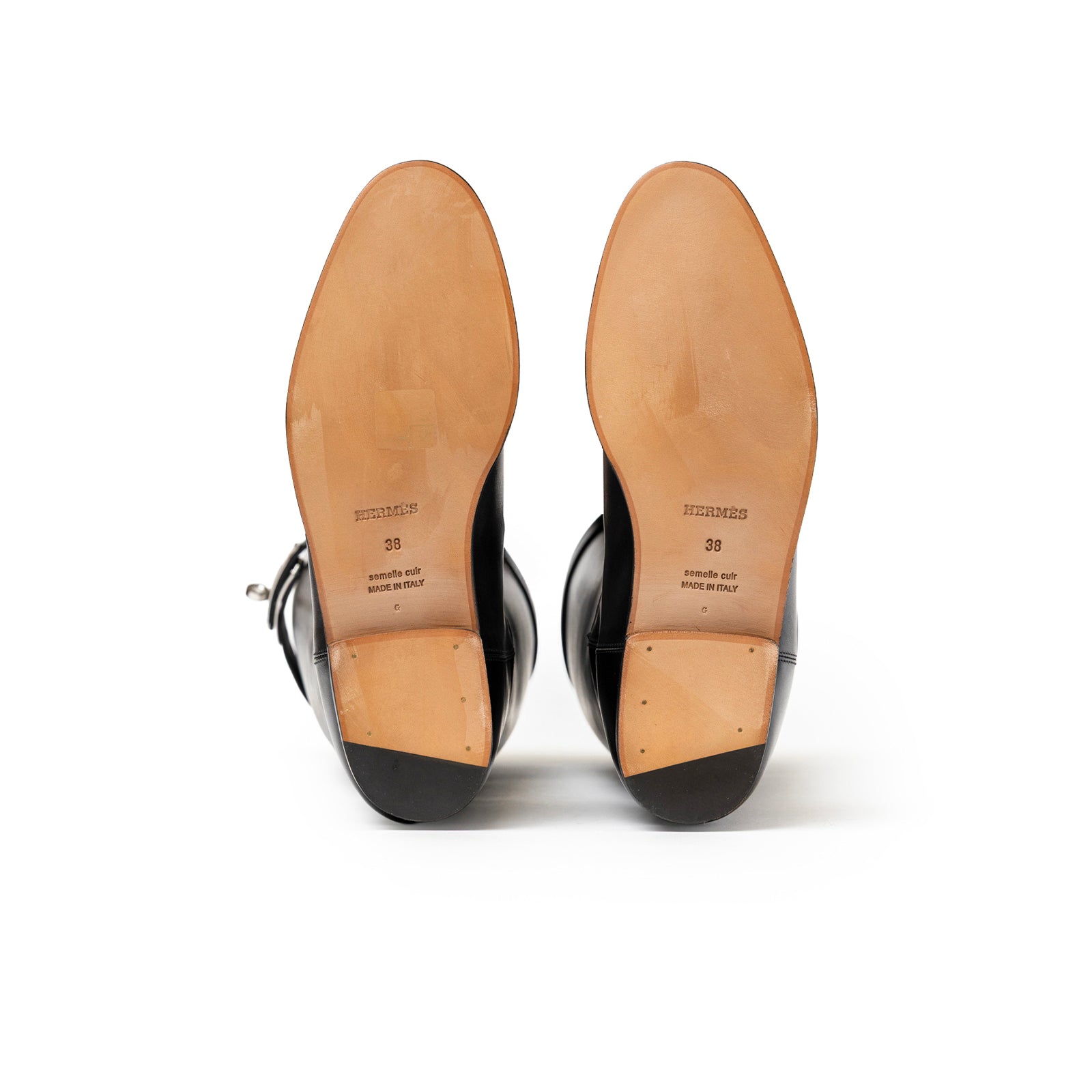 Bottom view of Hermès Kelly Jumping Boot Black Box Palladium Plated showing leather soles and size markings